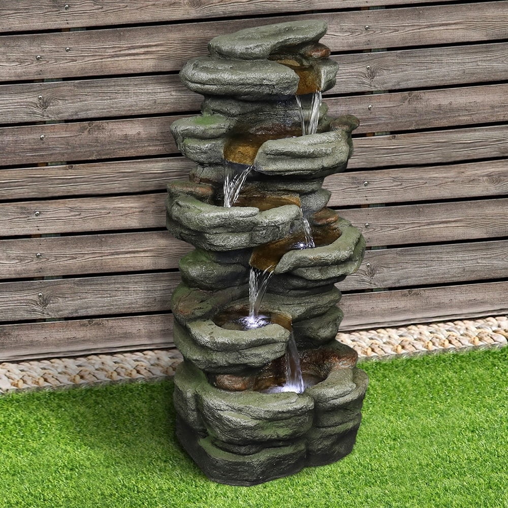 Rock Falls Outdoor Water Fountain w/LED Lights Water Feature for Patio