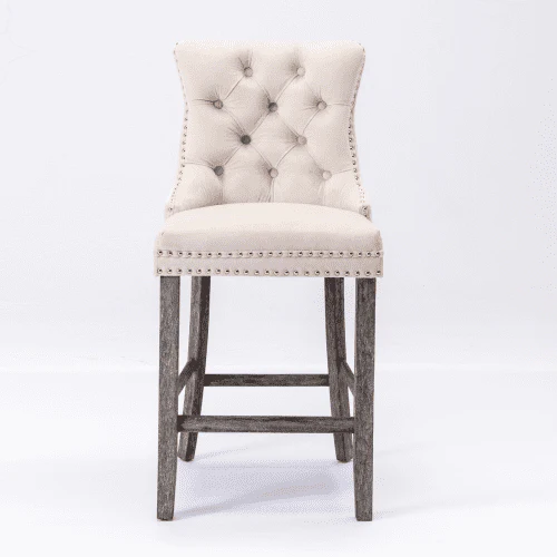 Velvet Bar Stools Set of 2, Upholstered Counter Height Bar Chair with Rivet and Button Trim, Bar Stool with Back and Footrest, for Dining Room, Kitchen, Pub, Gray