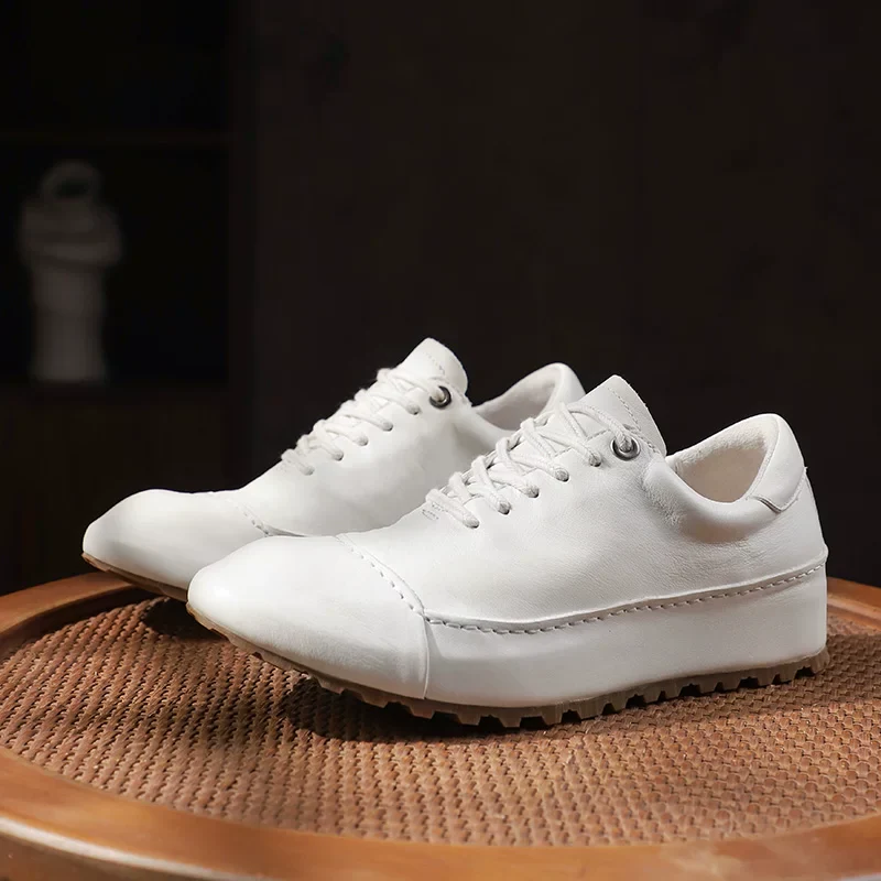 Goodyear hand-washed horse leather thick-soled light white shoes