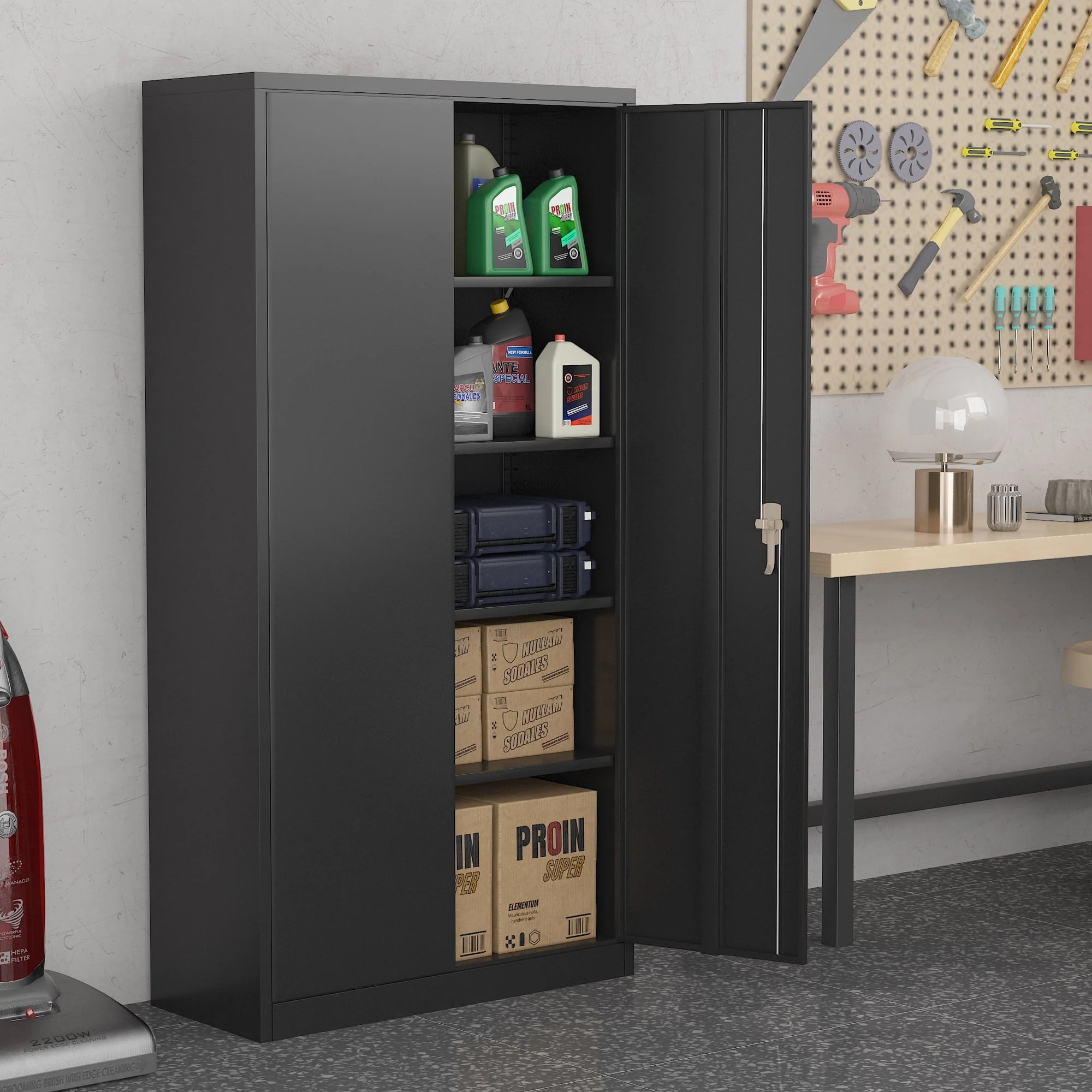 GangMei 71 In Metal Storage Garage Cabinets with Locking Doors and Adjustable Shelves, Steel Storage Cabinet for Garage, Office, Classroom, Assemble Required(Black)