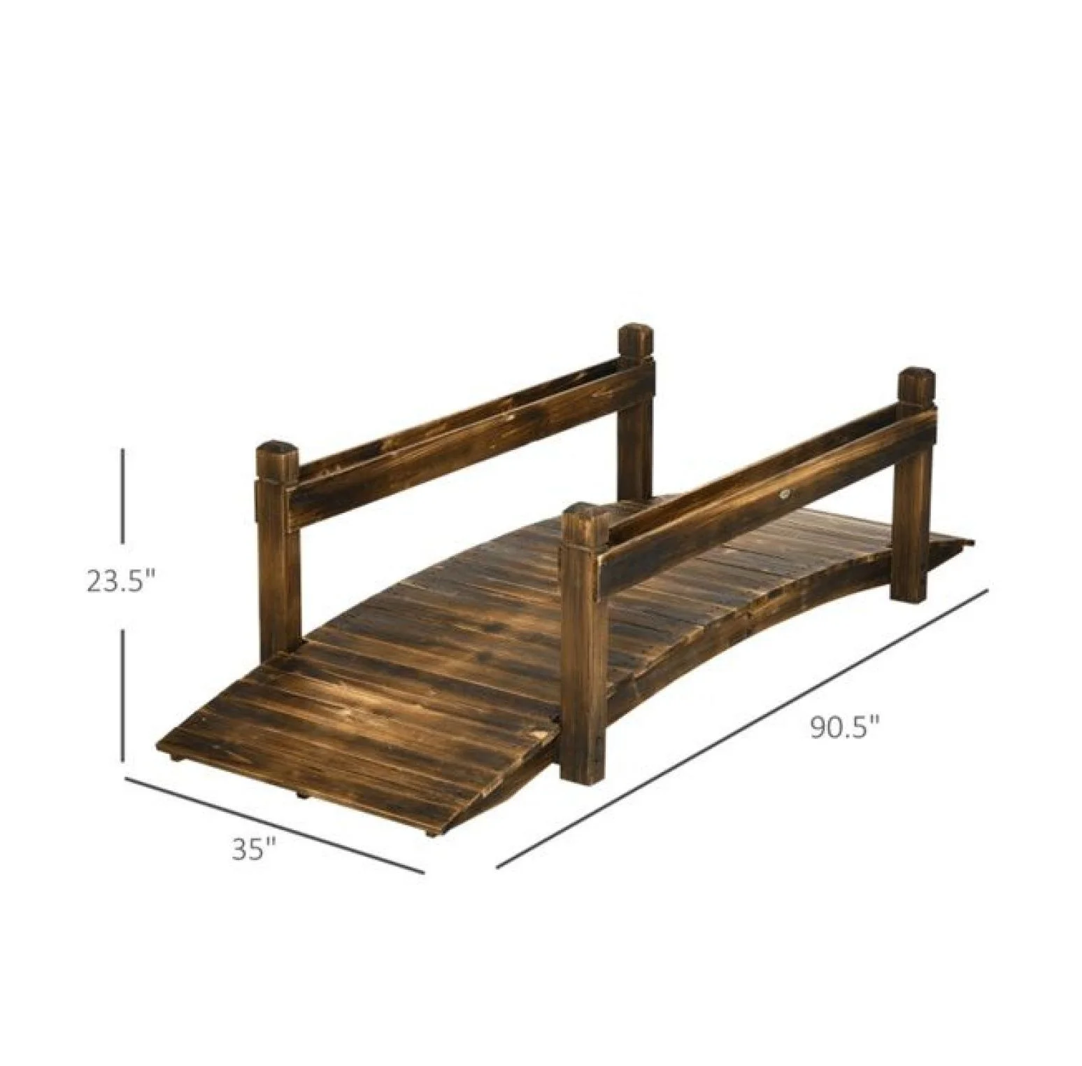 Wooden Garden Bridge Arc Footbridge 90.5" - Stained Fir Wood Outdoor Bridge with Planters - Zen Garden Decor, Walkways, Pond & Stream