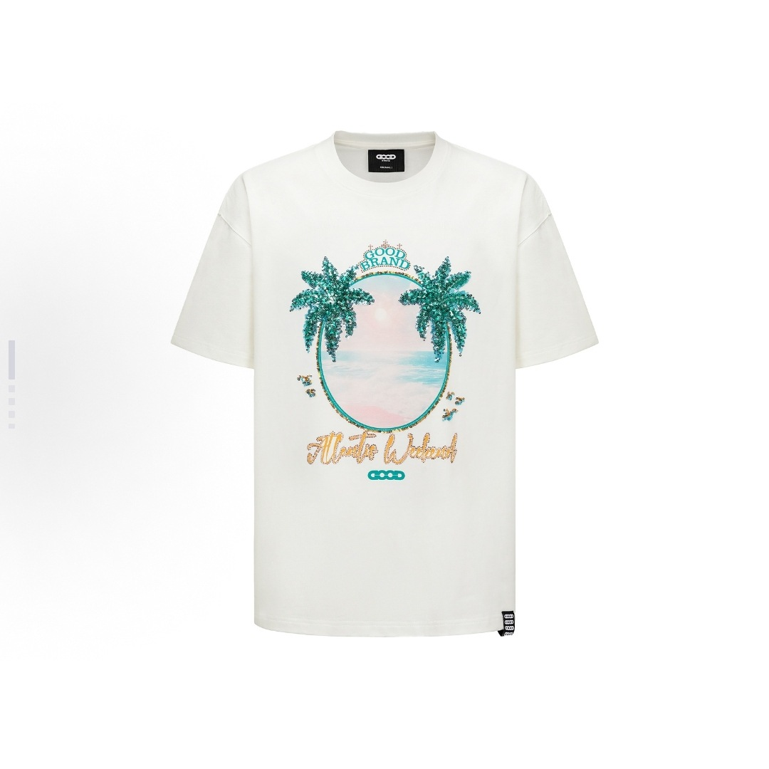 Island coconut forest beaded embroidery light luxury high-end T-shirt for men and women, short-sleeved