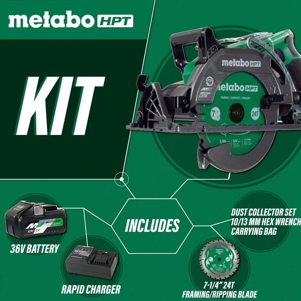 Metabo HPT 36V MultiVolt 7-1/4 Inch Rear Handle Circular Saw, Lightweight Design, Up to 500 2x4 Cuts Per Charge, 53 Adjustable Bevel Capacity, Lifetime Tool Body Warranty, C3607DWA