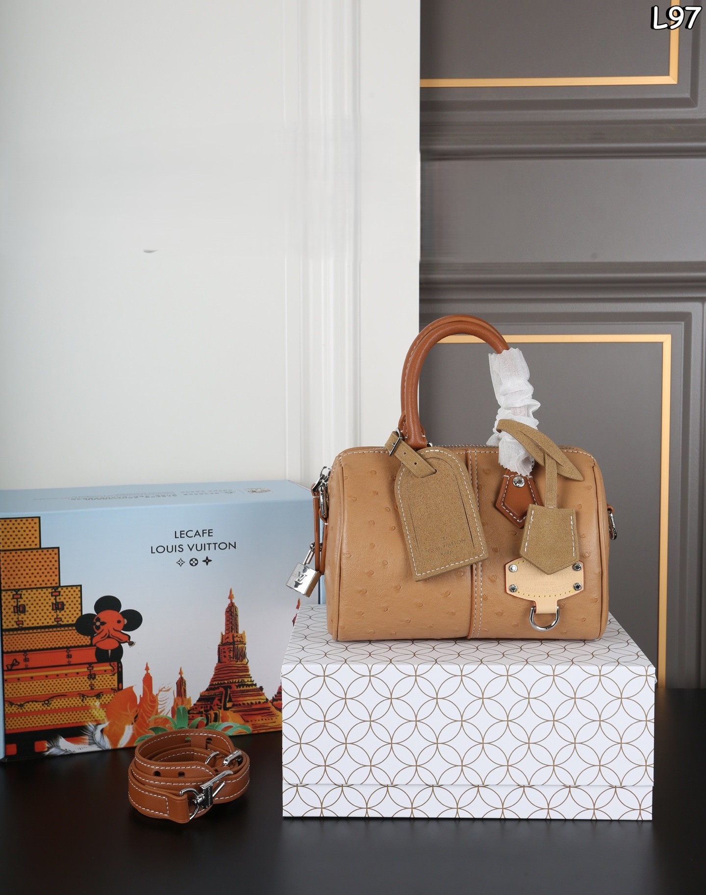 LV x Nigo LV Speedy 18 Ostrich Embossed Leather Suede Tag Boston Top Handle Bag