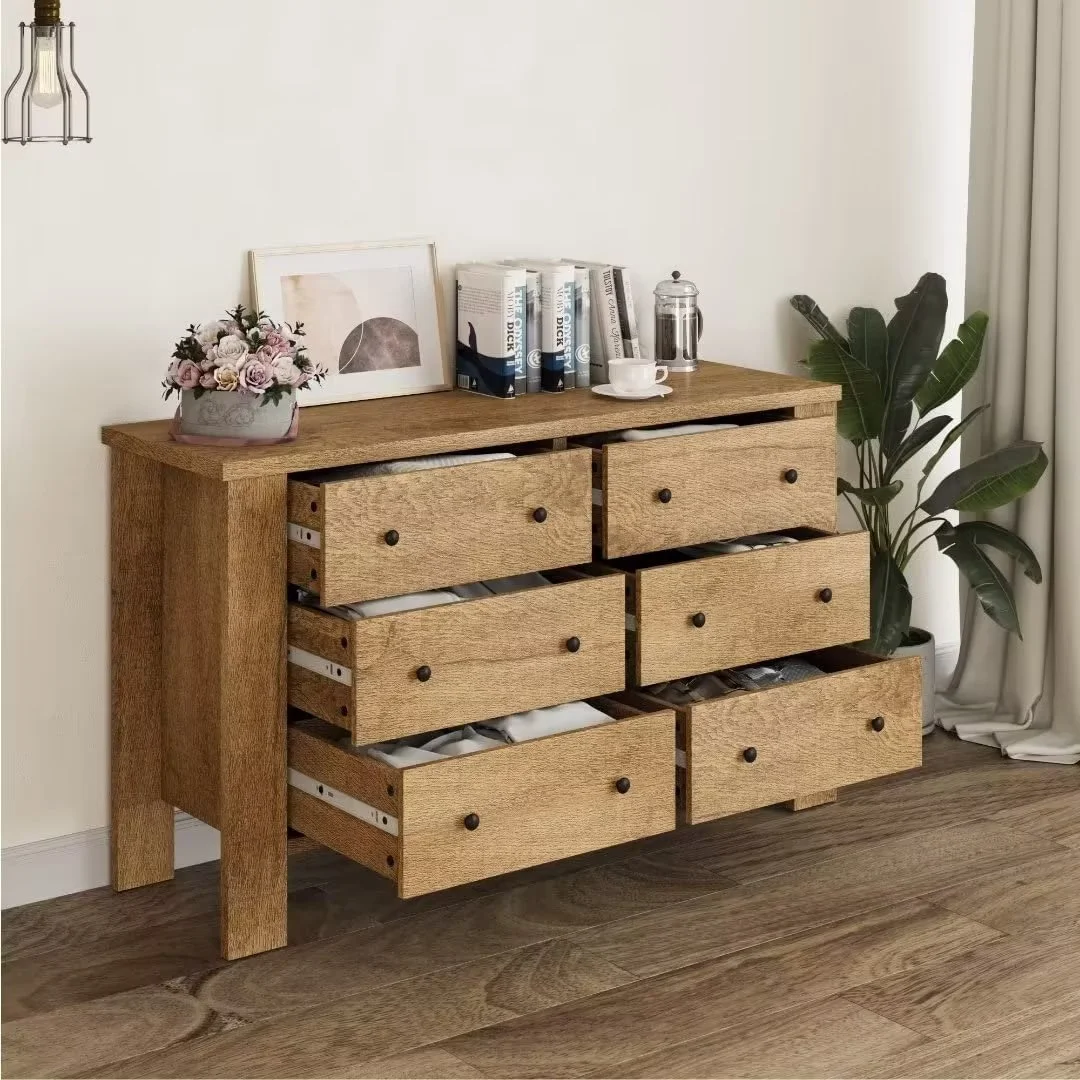 Chest Dresser, Modern Dresser with 6 Wood Drawers and Round Shape Handle, Wide Chest of Drawers, Light Brown