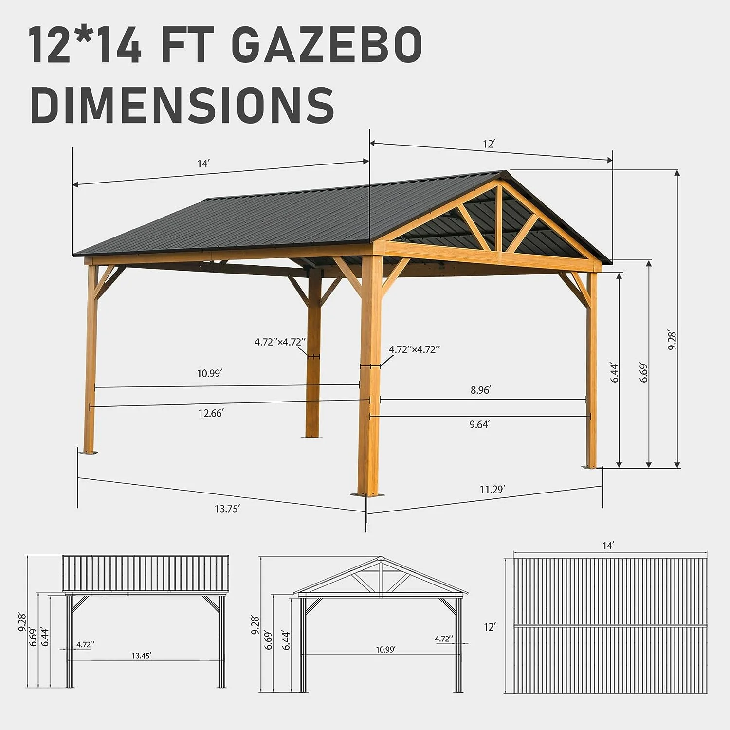 12' x 14' Hardtop Gazebo Outdoor Aluminum Gazebo with Galvanized Steel Gable Canopy for Patio Decks Backyard by Domi Outdoor Living (Wood Looking)