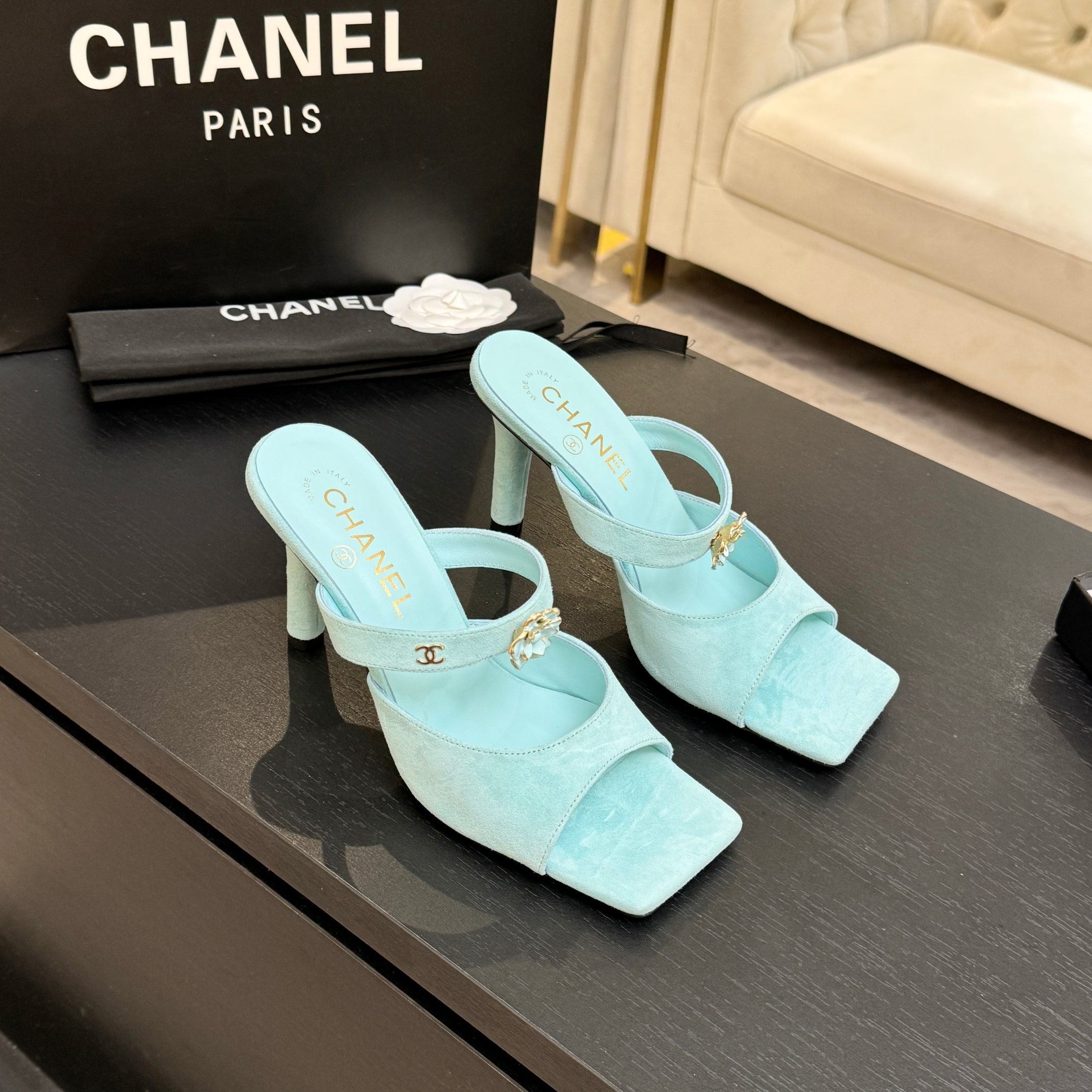 Chanel 26K Mint Green Camellia Buckle Suede Leather Square Toe Sandals Mules Heels