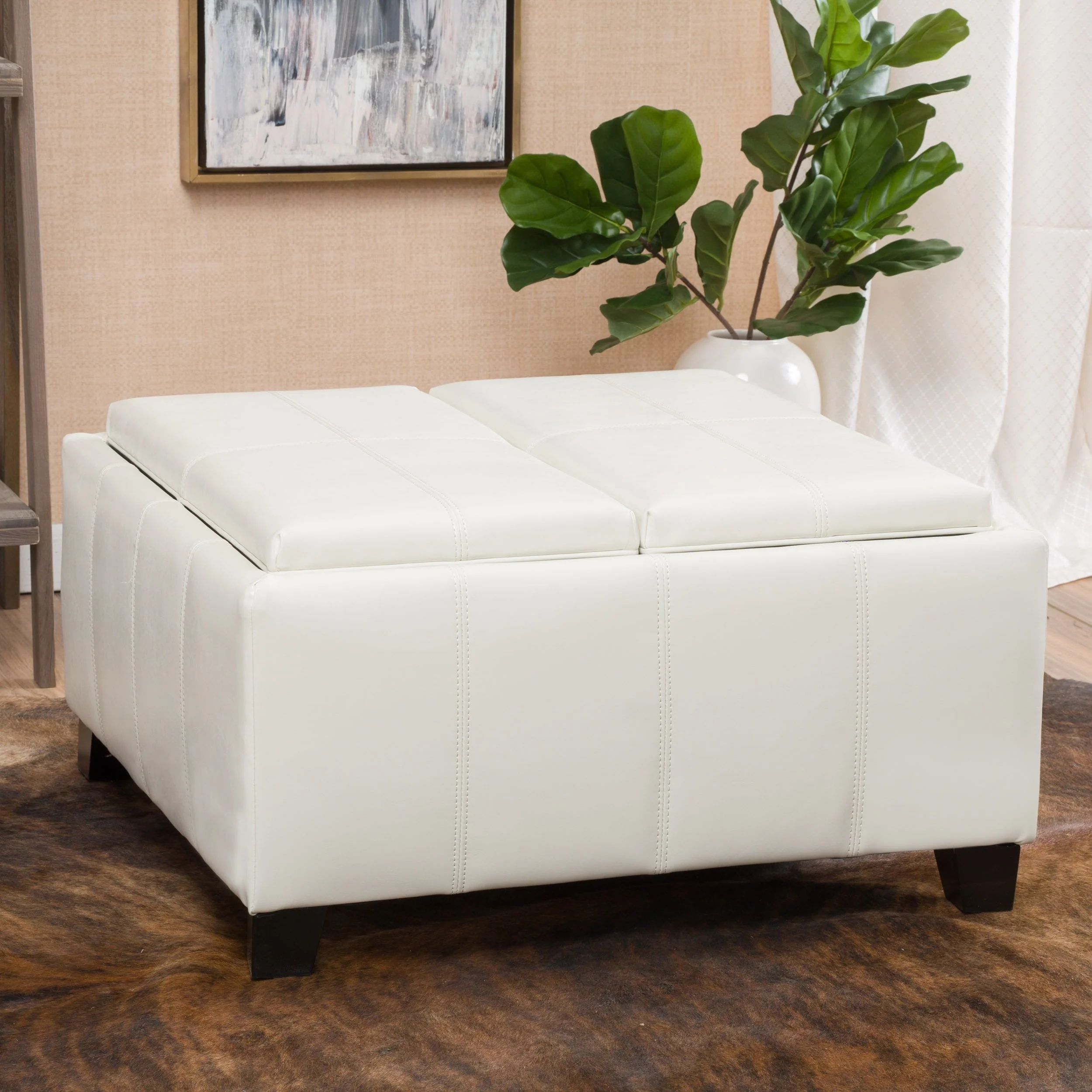 Noble House Westerfield Ivory Faux Leather Storage Ottoman