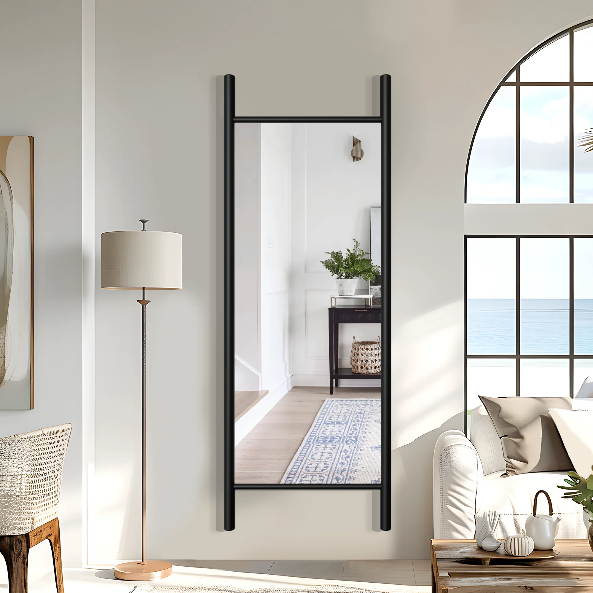 63"x24" Wood Full Length Mirror Ladder Rectangle Floor Mirror, Black