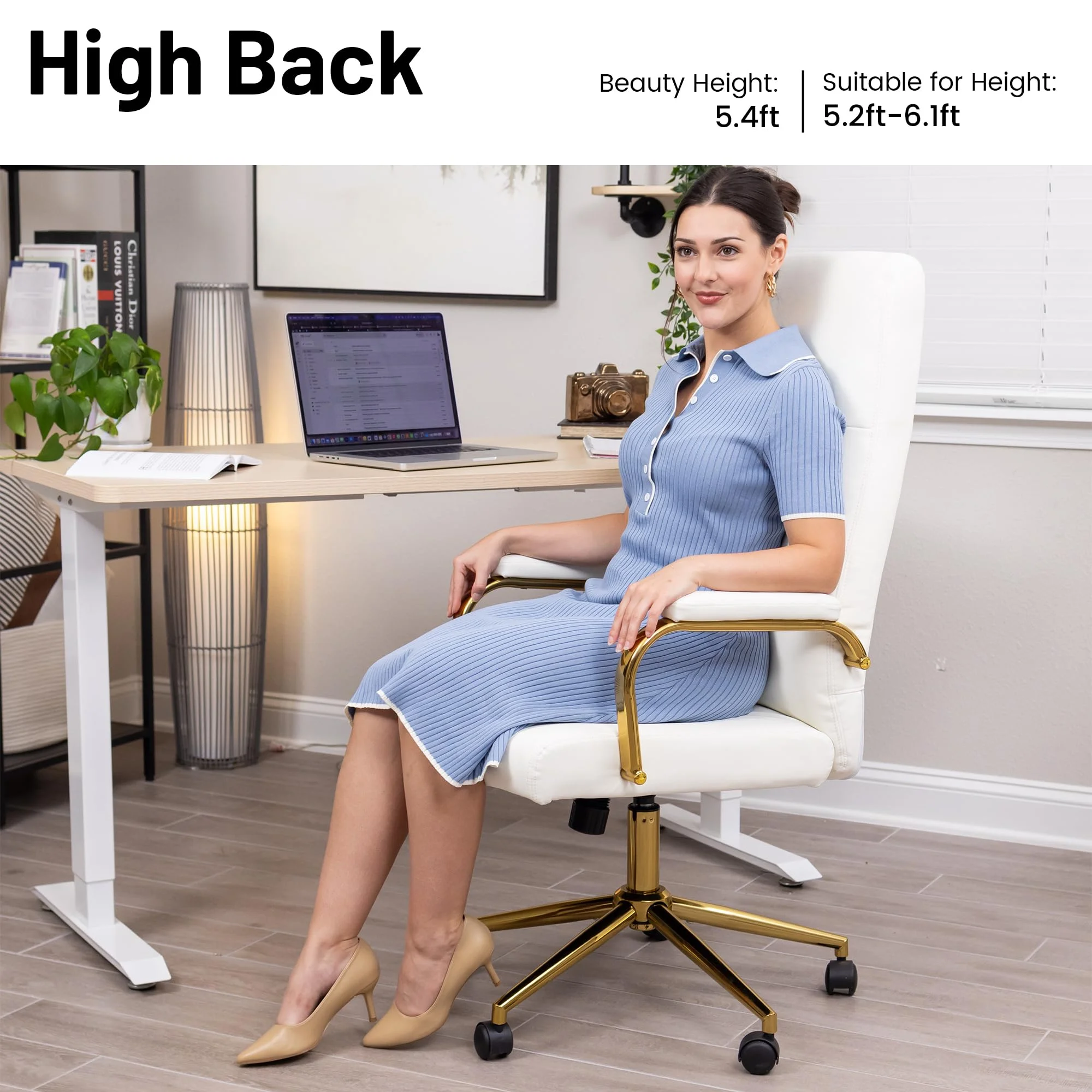 White and Gold Office Desk Chair Memory Foam, High Back Leather Executive Office Chair with Wheels and Arms for Women Girls Teens Adults