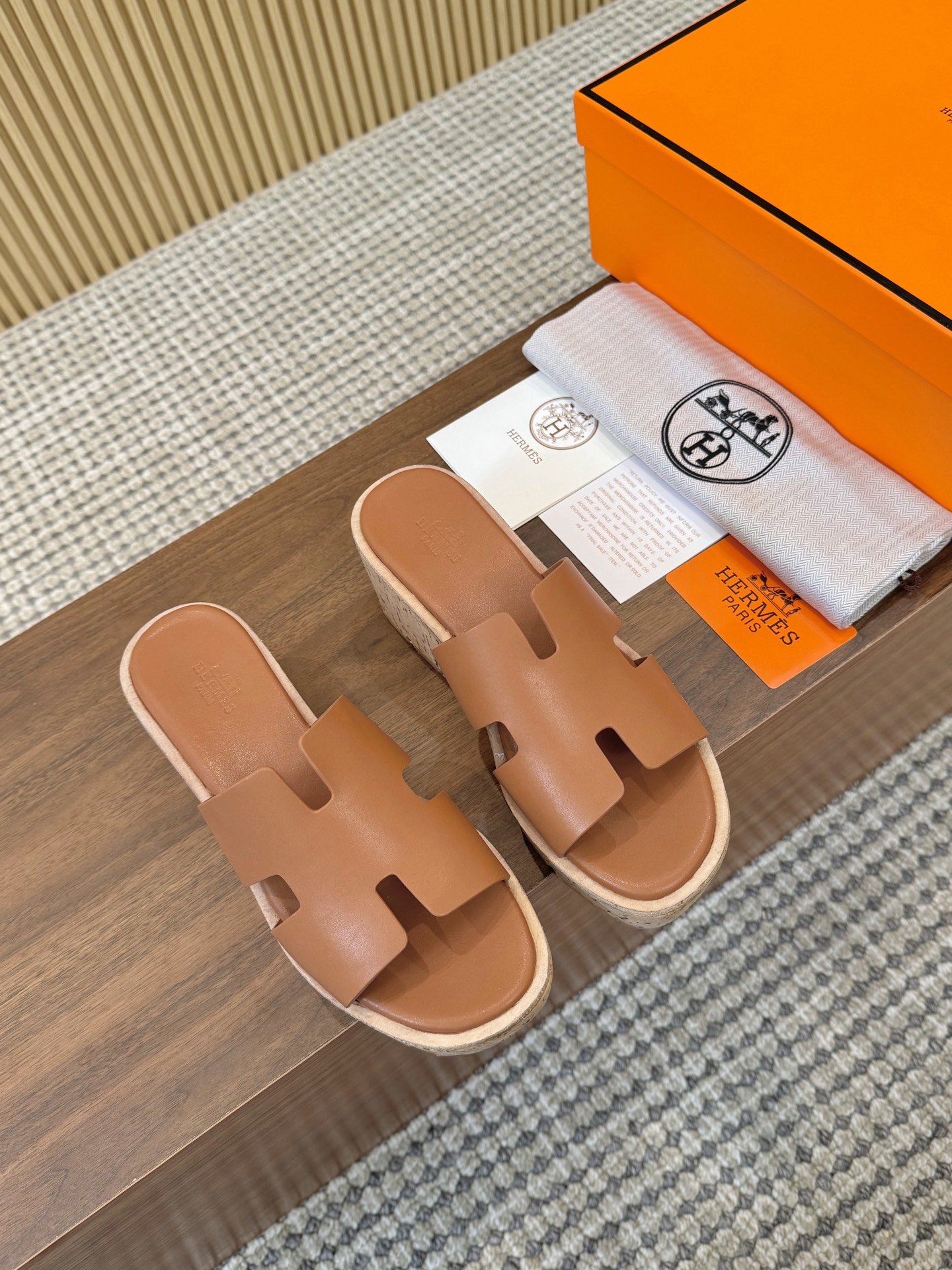 Hermès Caramel Brown Smooth Leather H-Cutout Cork Sole Slide Sandal