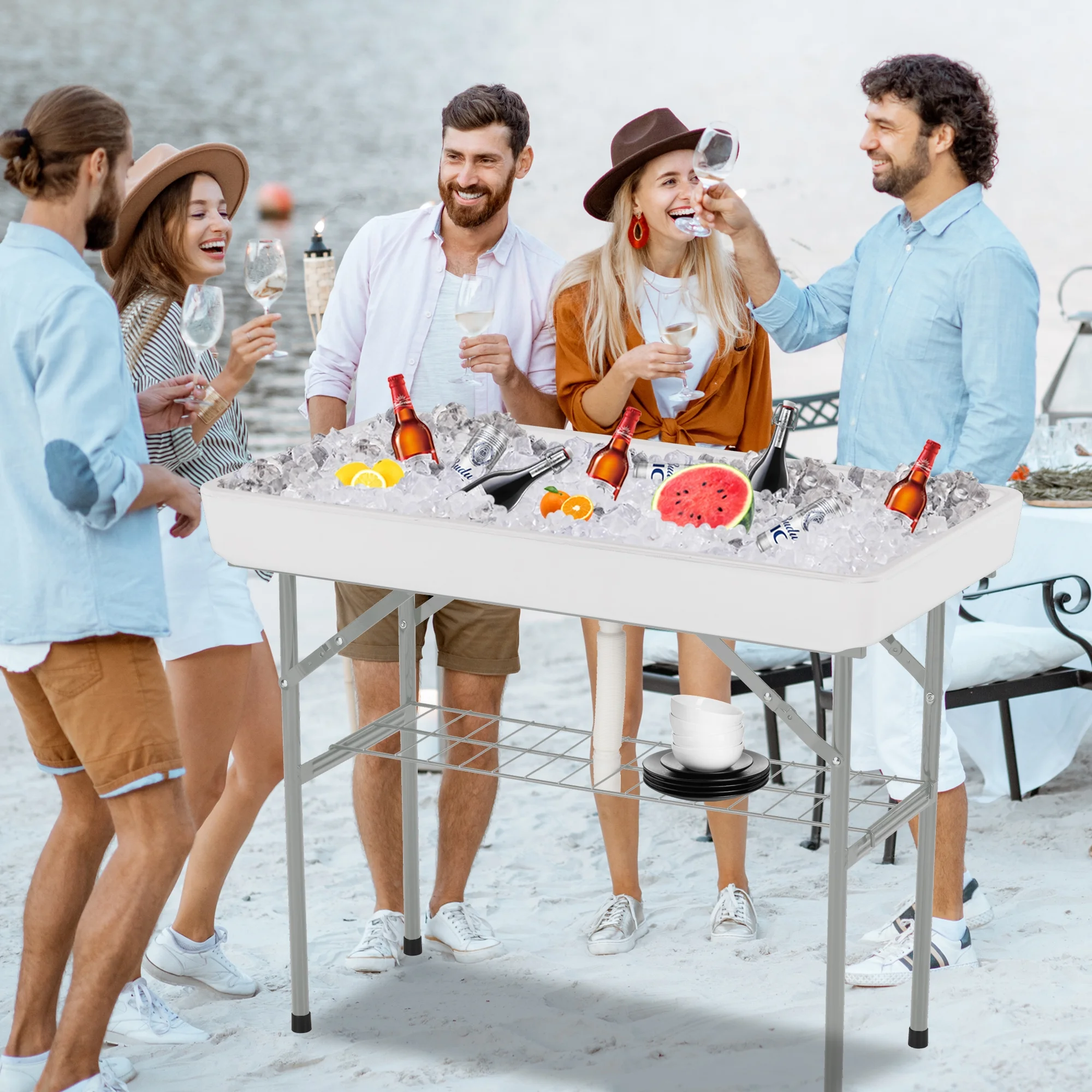 HARIPUL Outdoor Ice Cooler Table with Removable Skirt and Drain, 4FT Portable Cooler Table with Storage Shelf for Camping & Party, White