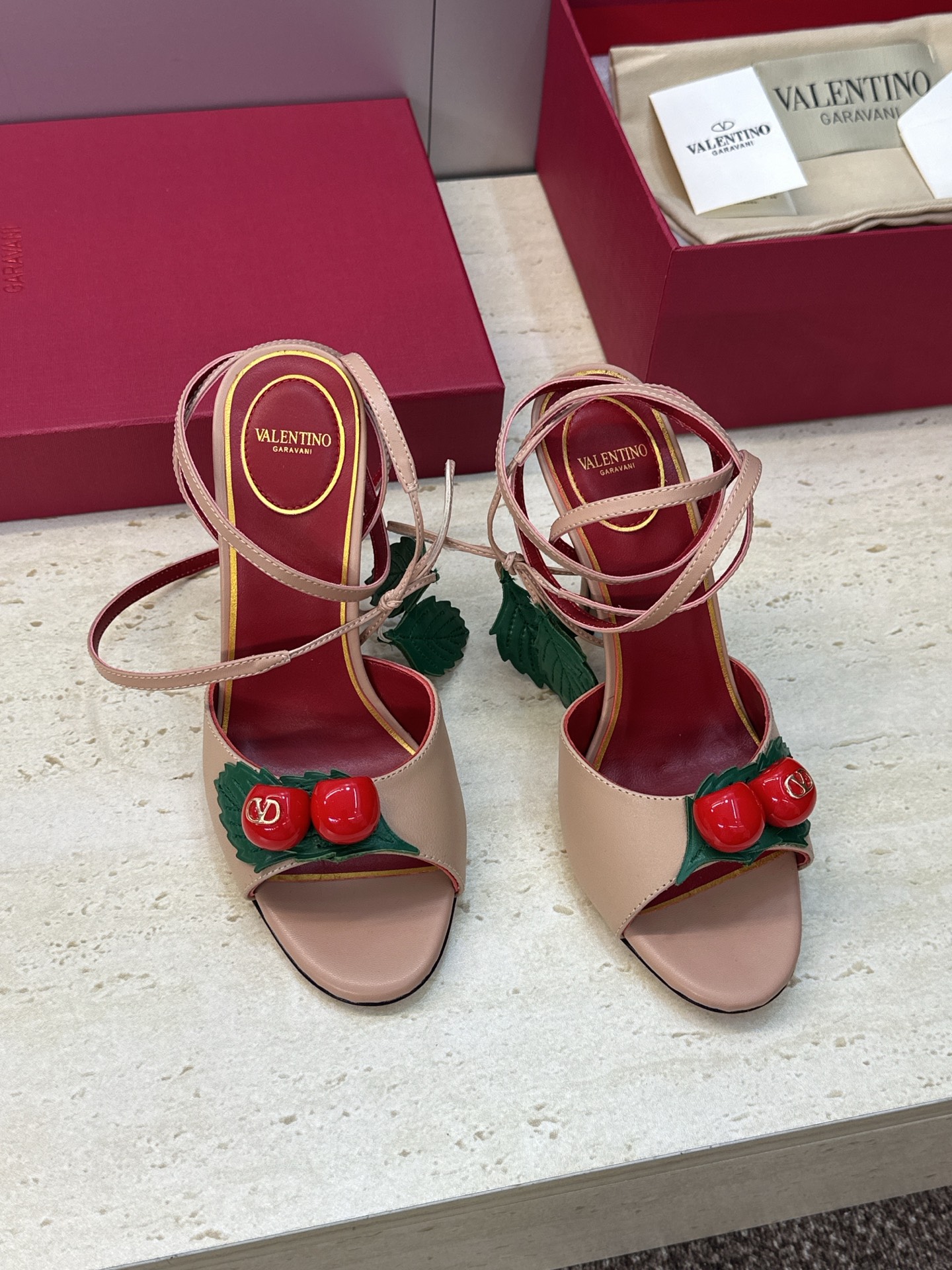 Valentino Garavani Nude 3D Cherry Leather Leaf Charm Metallic Leather Stiletto Toe Heel Sandals