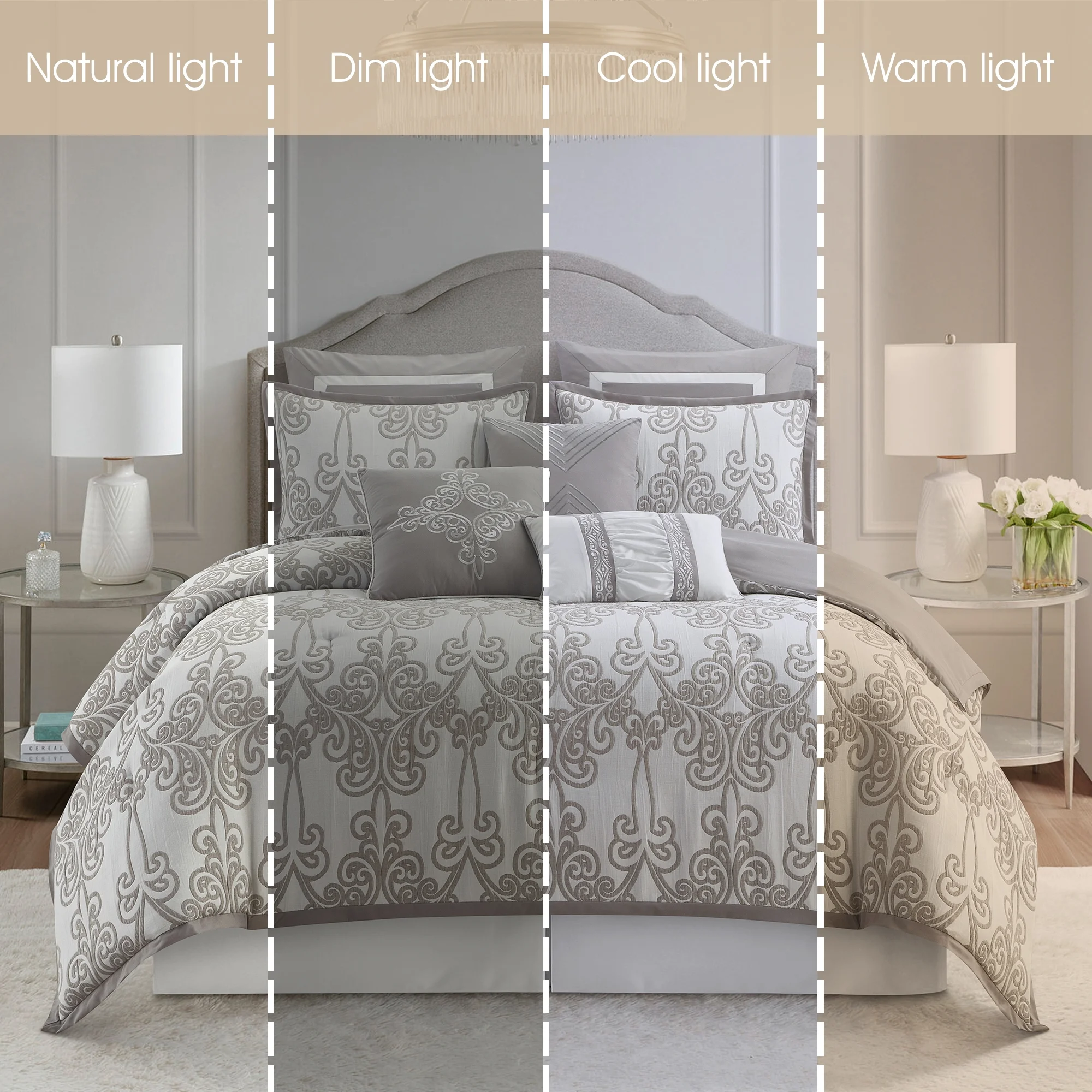 Lanco Smoke Grey Comforter Set California King Size, 9 Piece Jacquard Floral Bedding Set, All Season, Ultra-Soft, Matching Pillows & Shams, Bed Skirt