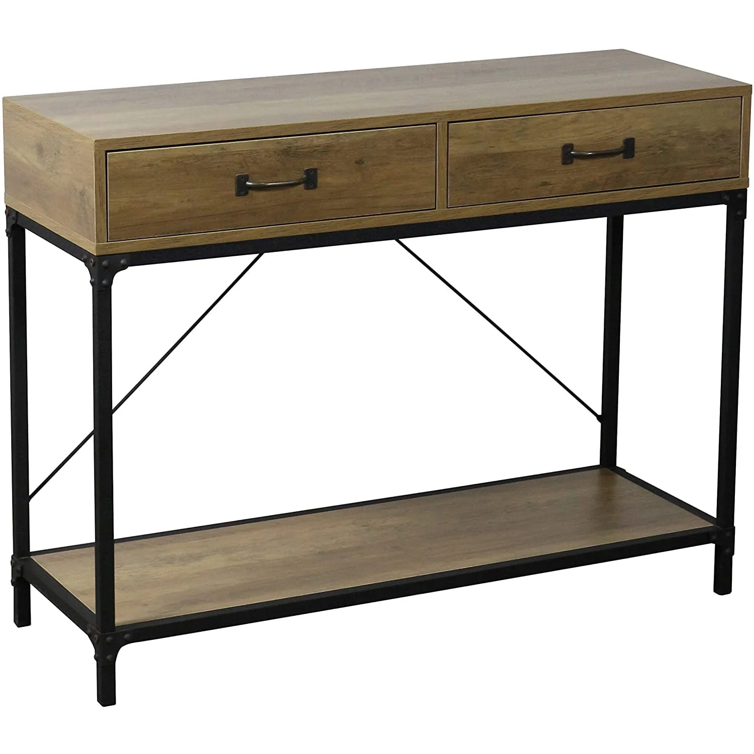 eHemco Rustic Console Table with 2 Drawers and Storage Shelf for Living Room, Black Base