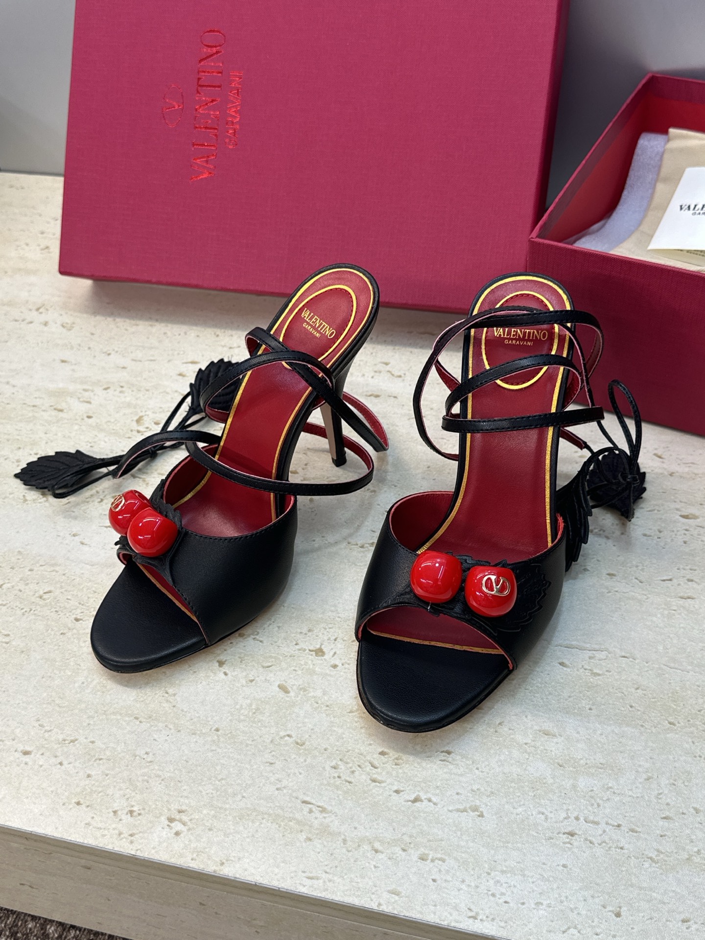 Valentino Garavani Black Cherry Leather Leaf Charm Metallic Leather Stiletto Toe Heel Sandals