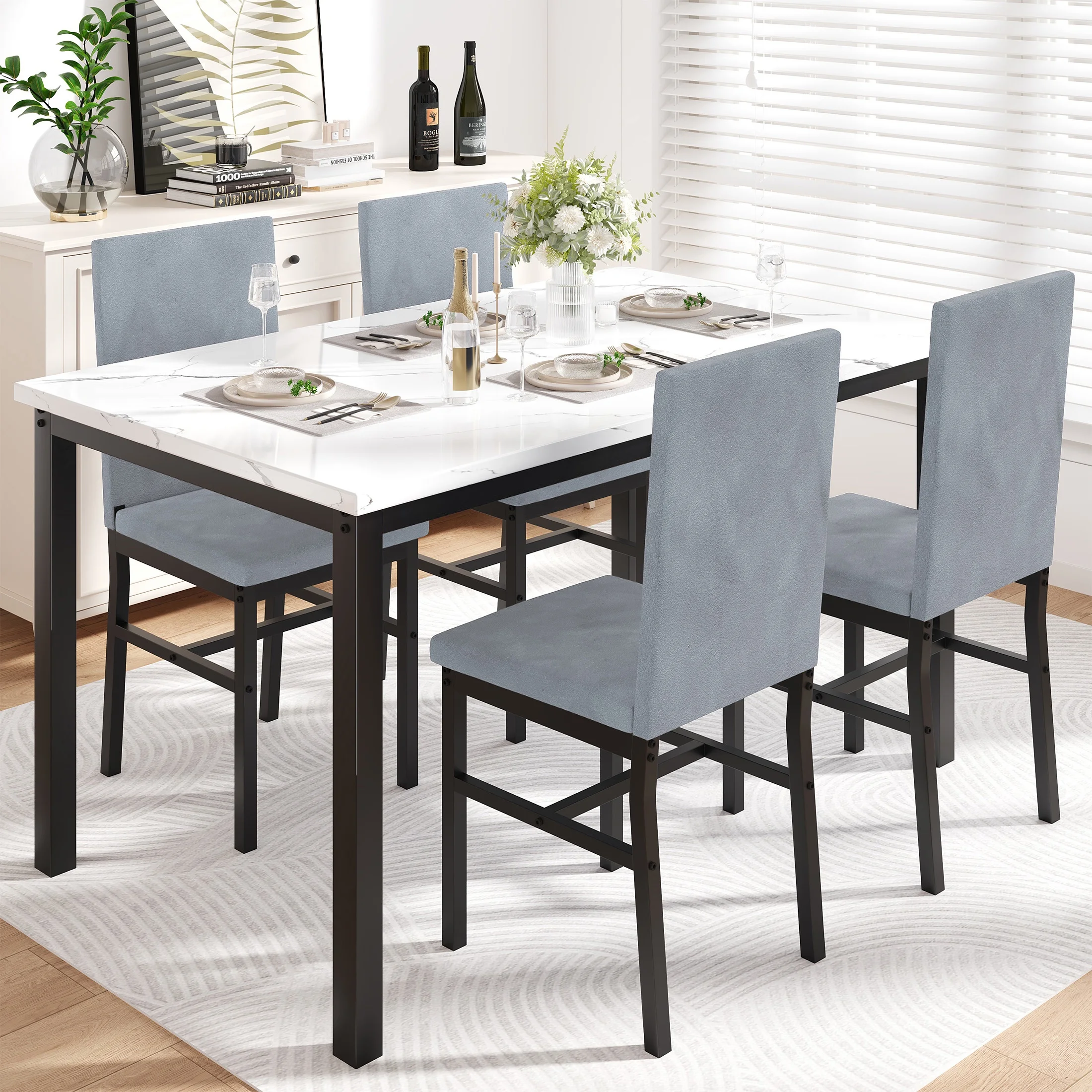 5 Piece Dining Room Table Set, Modern Dining Table Sets with Gray Velvet Upholstered Chairs for 4, Faux Marble Pattern Rectangle Kitchen Table Set for Bar Living Room Breakfast Nook Small Space