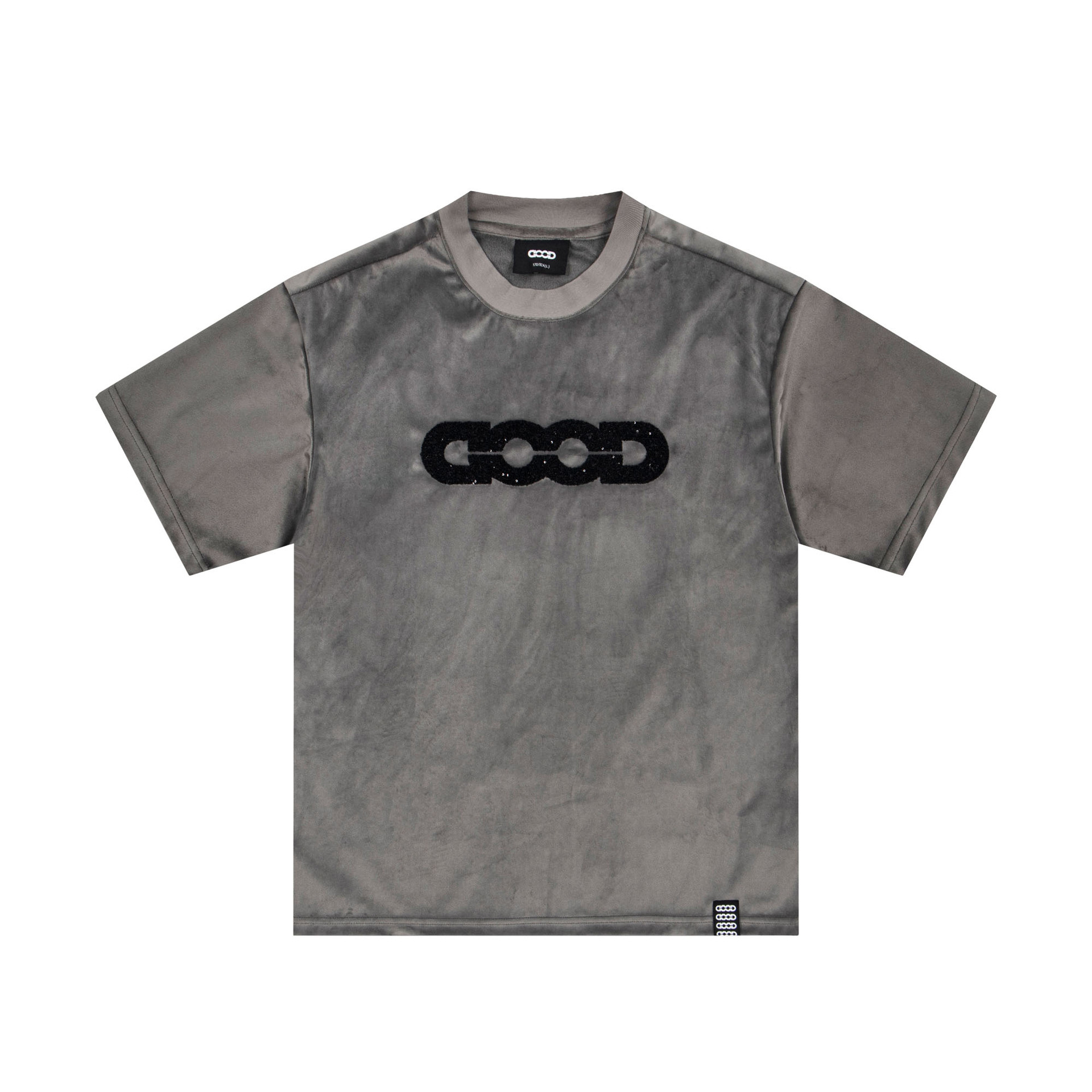 Men's broken-feeling beaded short-sleeved embroidered lightweight premium velvet logo T-shirt