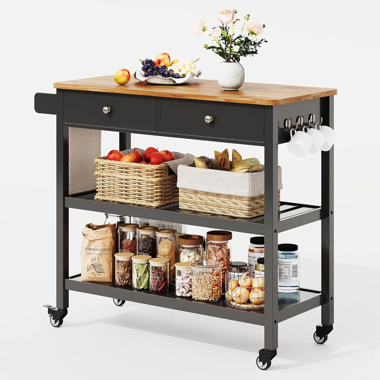 AIZYT Kitchen Island Cart with Storage, 40���� Wooden Top, 2 Tiers Spacious Shelves and Towel Bar, 2 Drawer Mobile Trolley Cart On Metal Wheels with Hooks for Dining Room, Bar, Outdoor, Black