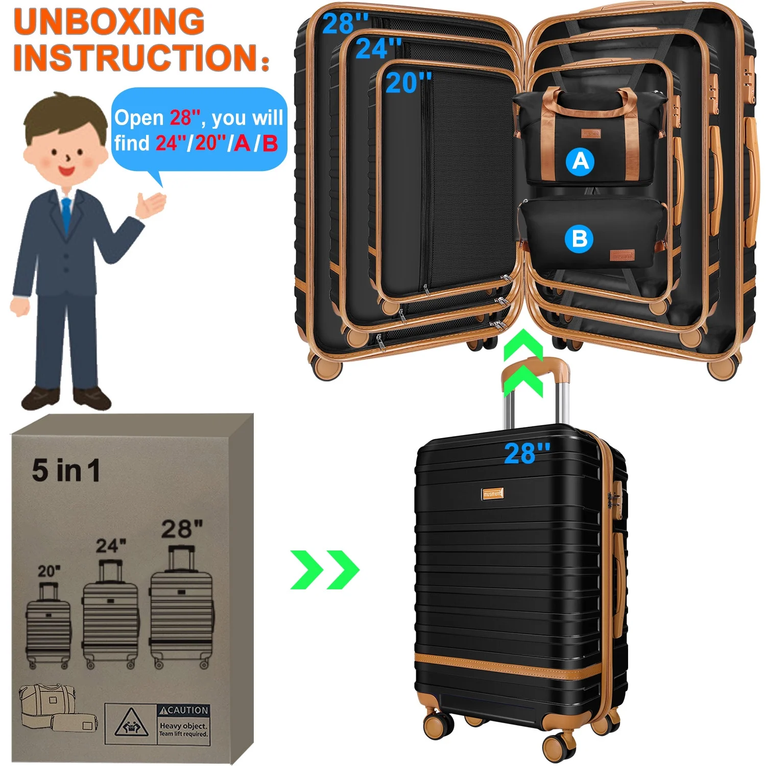 GAZILY 12.00" 3 Piece Hardside Spinner Lightweight Luggage Set, Black