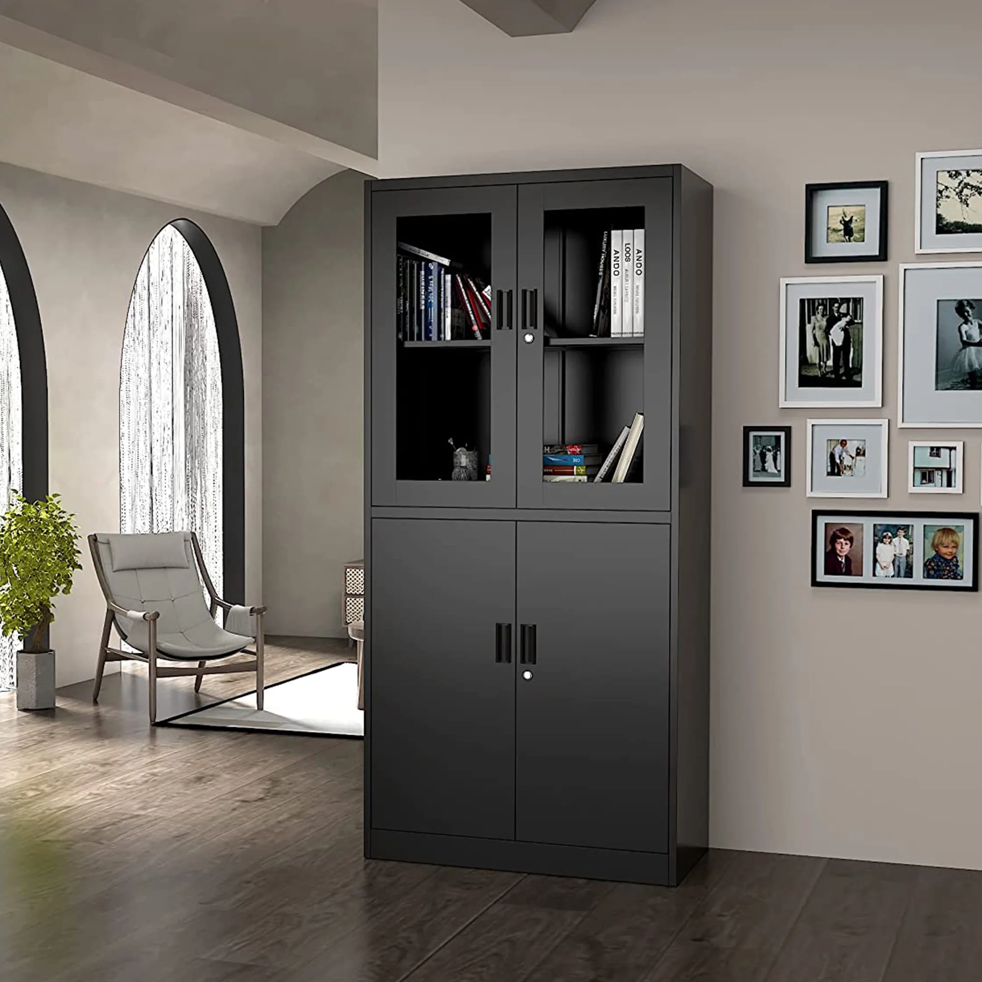 STANI Metal Cabinet with Lock, Tall Office Storage Cabinet with Glass Door, Lockable Black Steel Cabinet with 2 Adjustable Shelves for Home, Clinic, Pantry, Basement