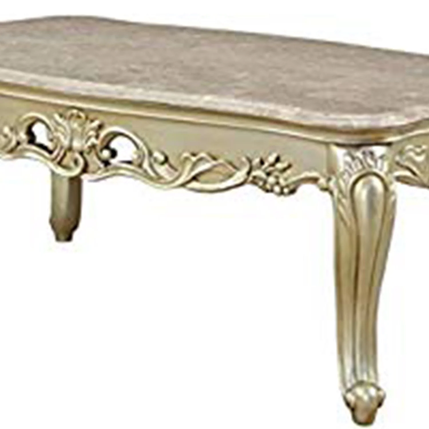 Benzara Wooden Coffee Table with Decorative Polyresin Carvings and Marble Top, White