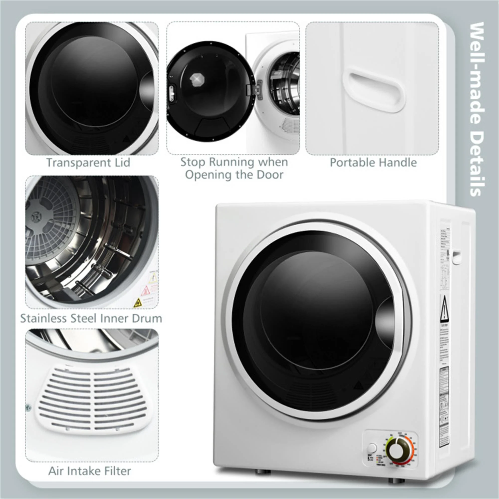 850W Compact Portable Clothes Dryer - 10 lbs Wet Capacity, 5.5 lbs Dry Load, Quiet Design (