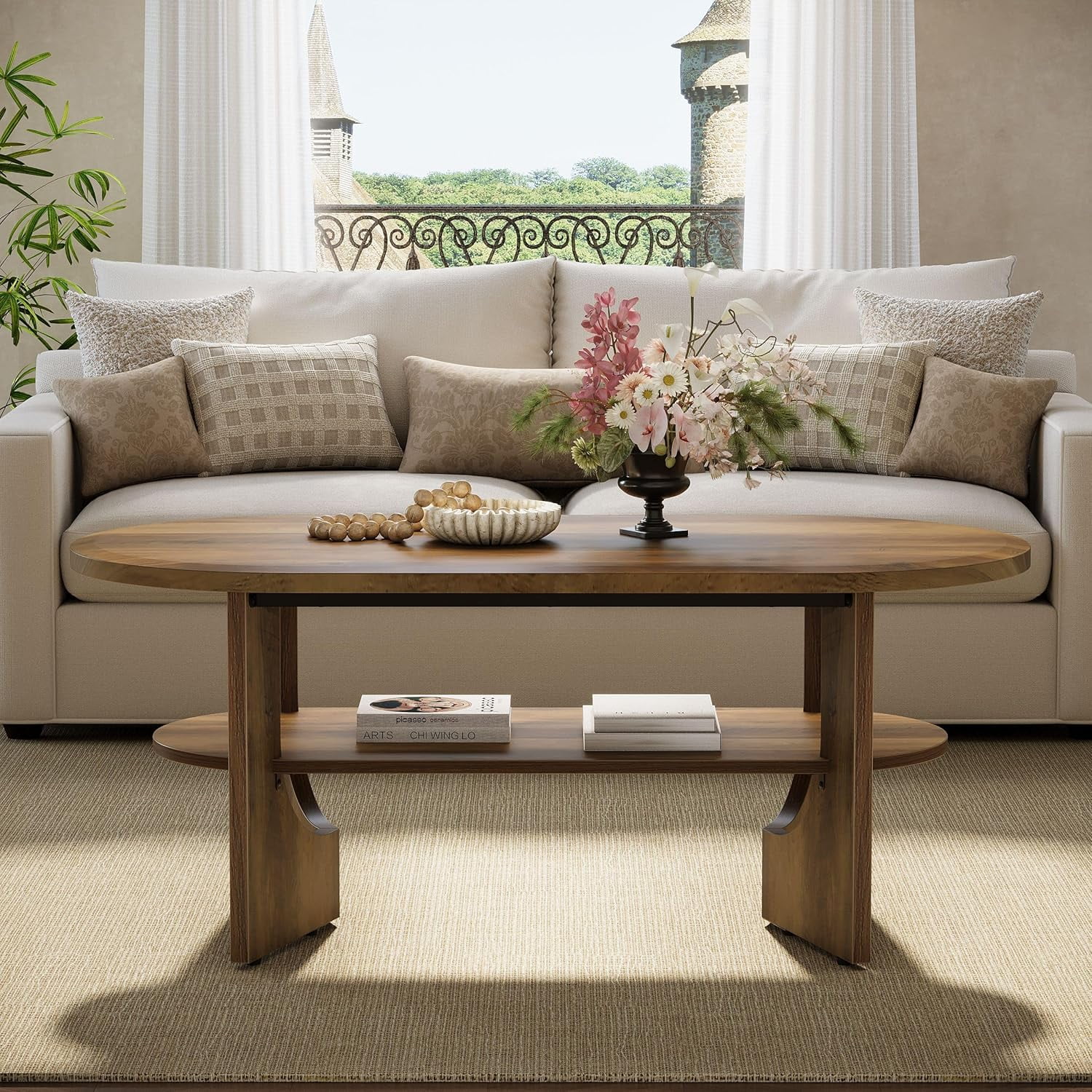 Tribesigns 47.24" Oval Coffee Table, 2-Tier Coffee Table with Shelves, Farmhouse Wooden Center Table for Living Room, Brown
