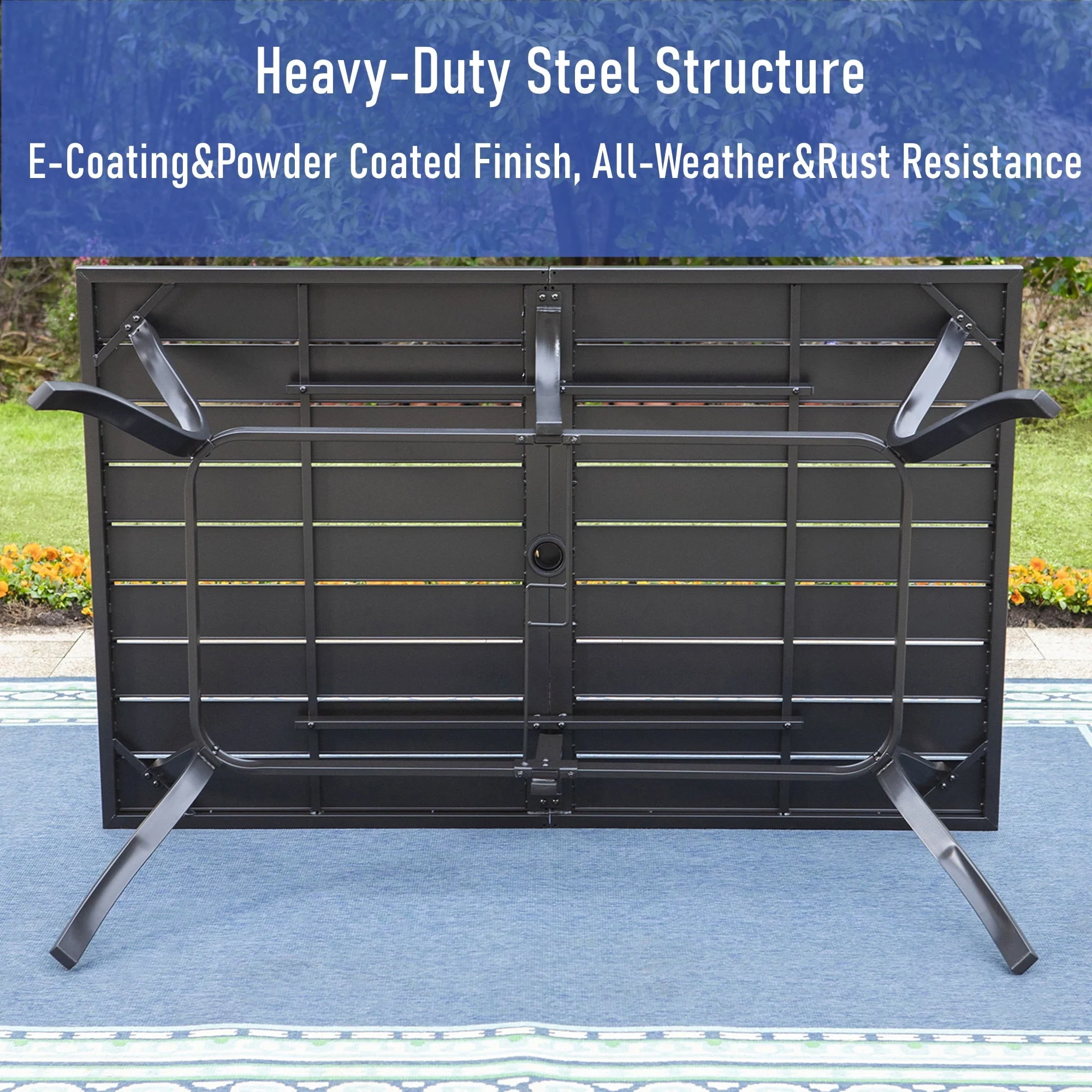 MF Studio 60" x 38" Rectangle Outdoor Dining Table with Umbrella Hole, Suitable for 6-Person, Black