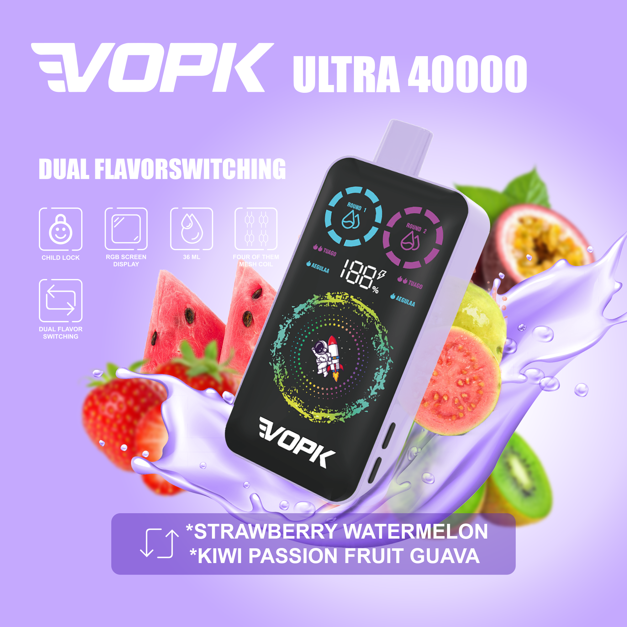 VOPK 40K PUFFS-KIWI PASSION FRUIT GUAVA&STRAWBERRY WATERMELON
