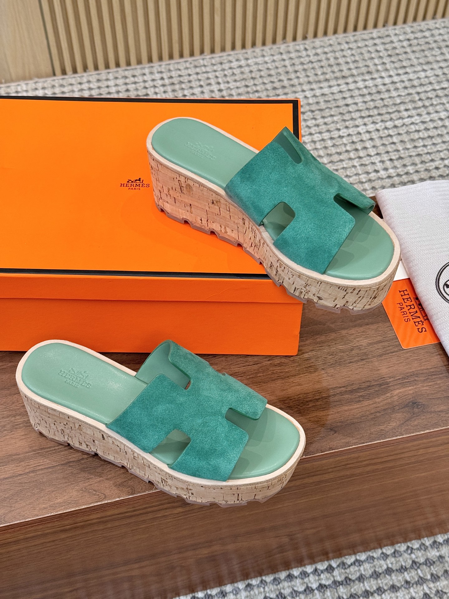 Hermes Green Suede Leather H-Cutout Cork Sole Slide Sandal