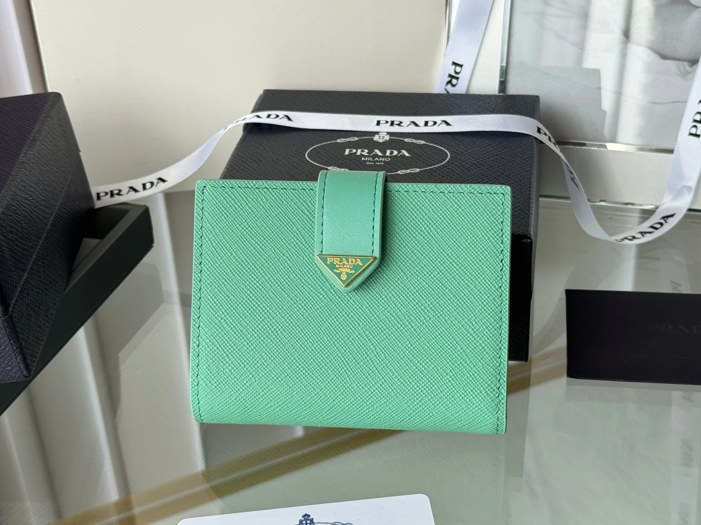 Prada 1MV204 Small Wallet Light Green Saffiano & Smooth Leather