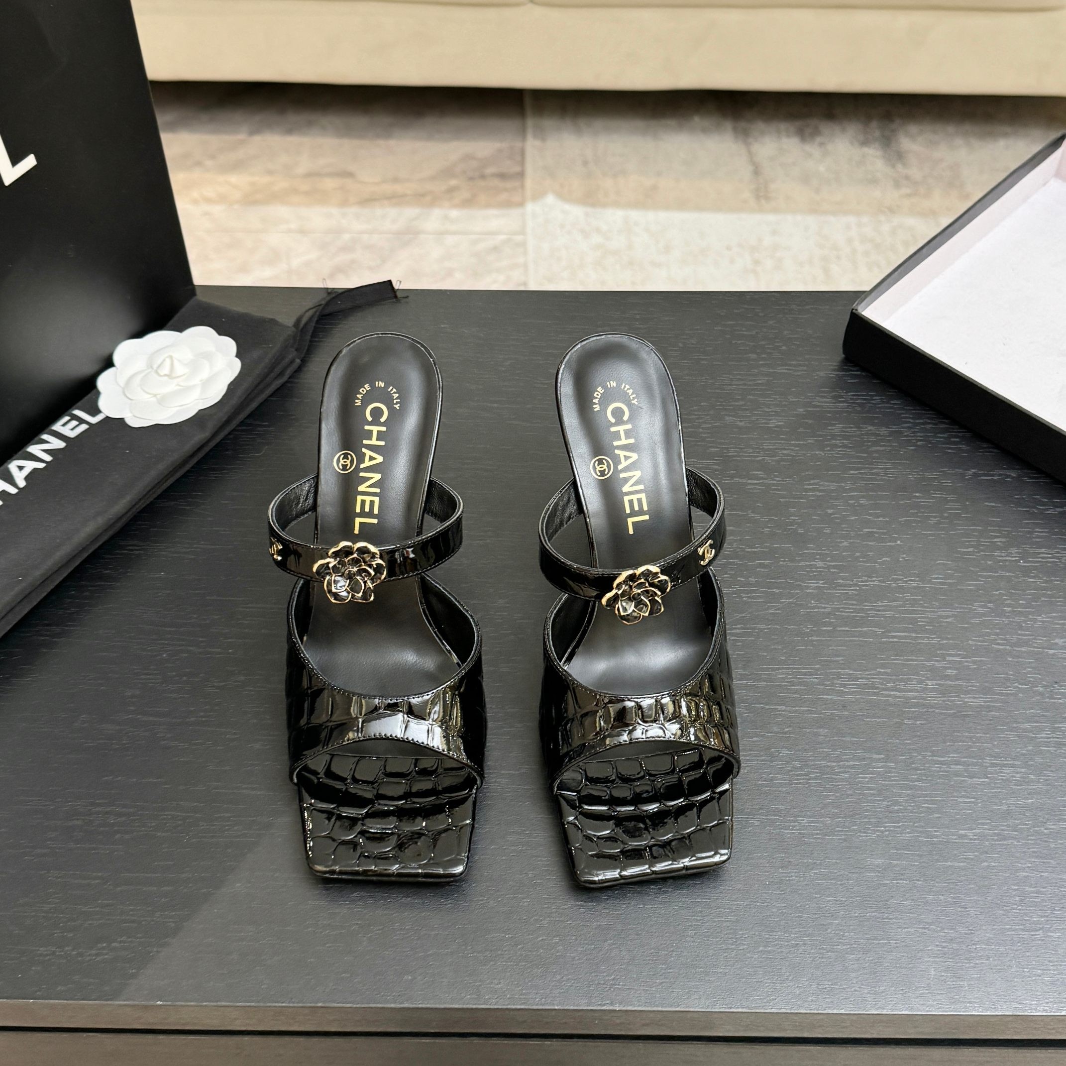 Chanel 26K Black Camellia Buckle Croc-Embossed Leather Square Toe Sandals Mules Heels