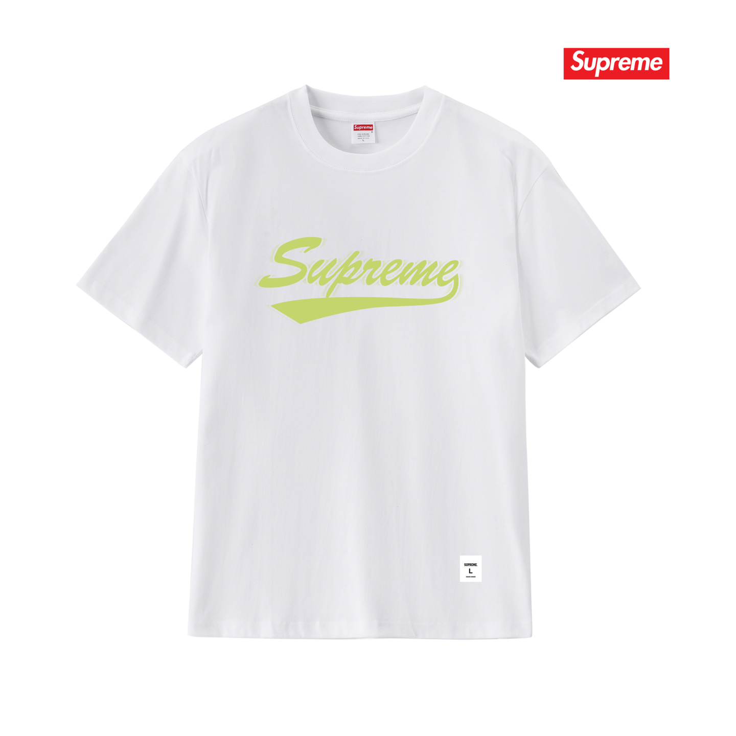 Short-sleeved T-shirt with white background and continuous logo print