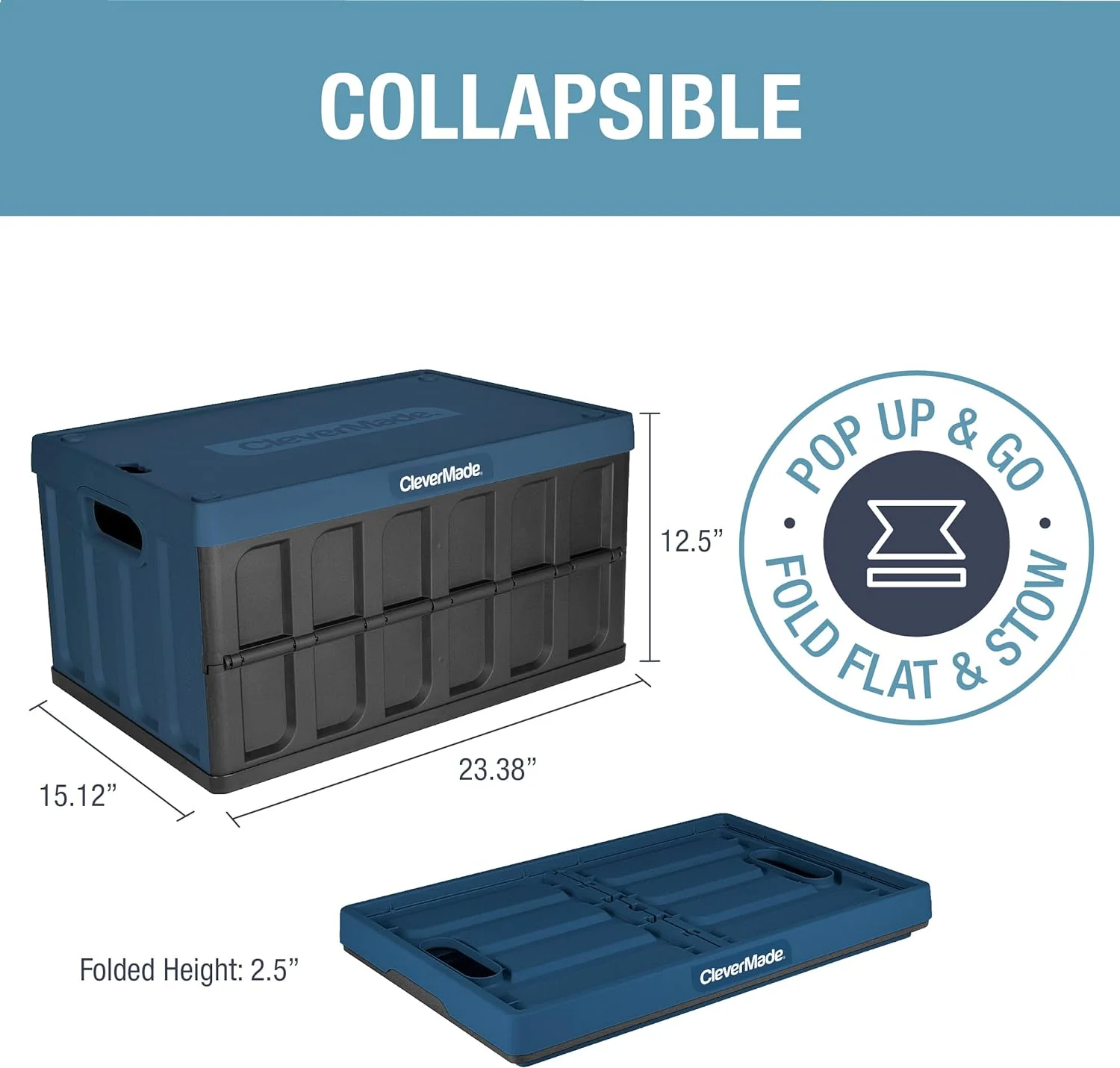 CleverMade 3 Pack Stackable Collapsible Storage Bin with Lids - 16 Gal Ocean