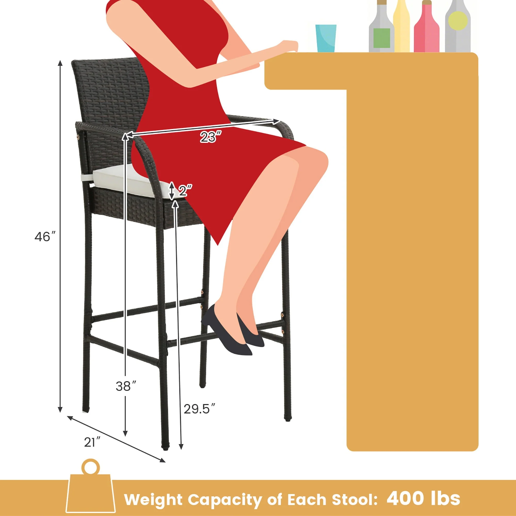 Gymax Set of 2 Wicker Bar Stools Set Outdoor High Back Bar Counter Chairs w/ Cushions