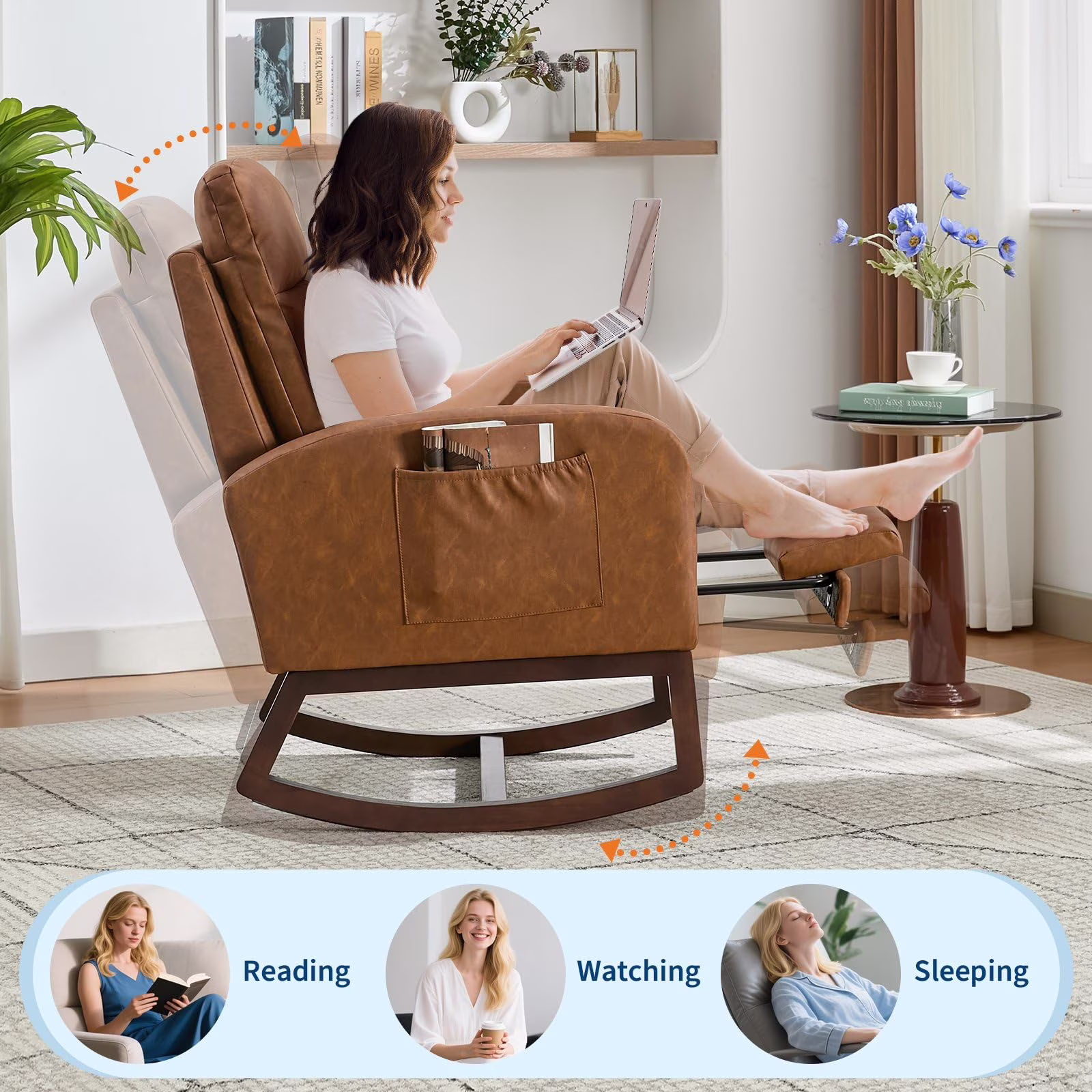 Kicctian Teddy Upholstered Rocking Chair with Extendable Footrest, Wooden Leg Rocking Armchair with Storage Side Pocket, Nursery Accent Seating for Living Room, Bedroom,Brown