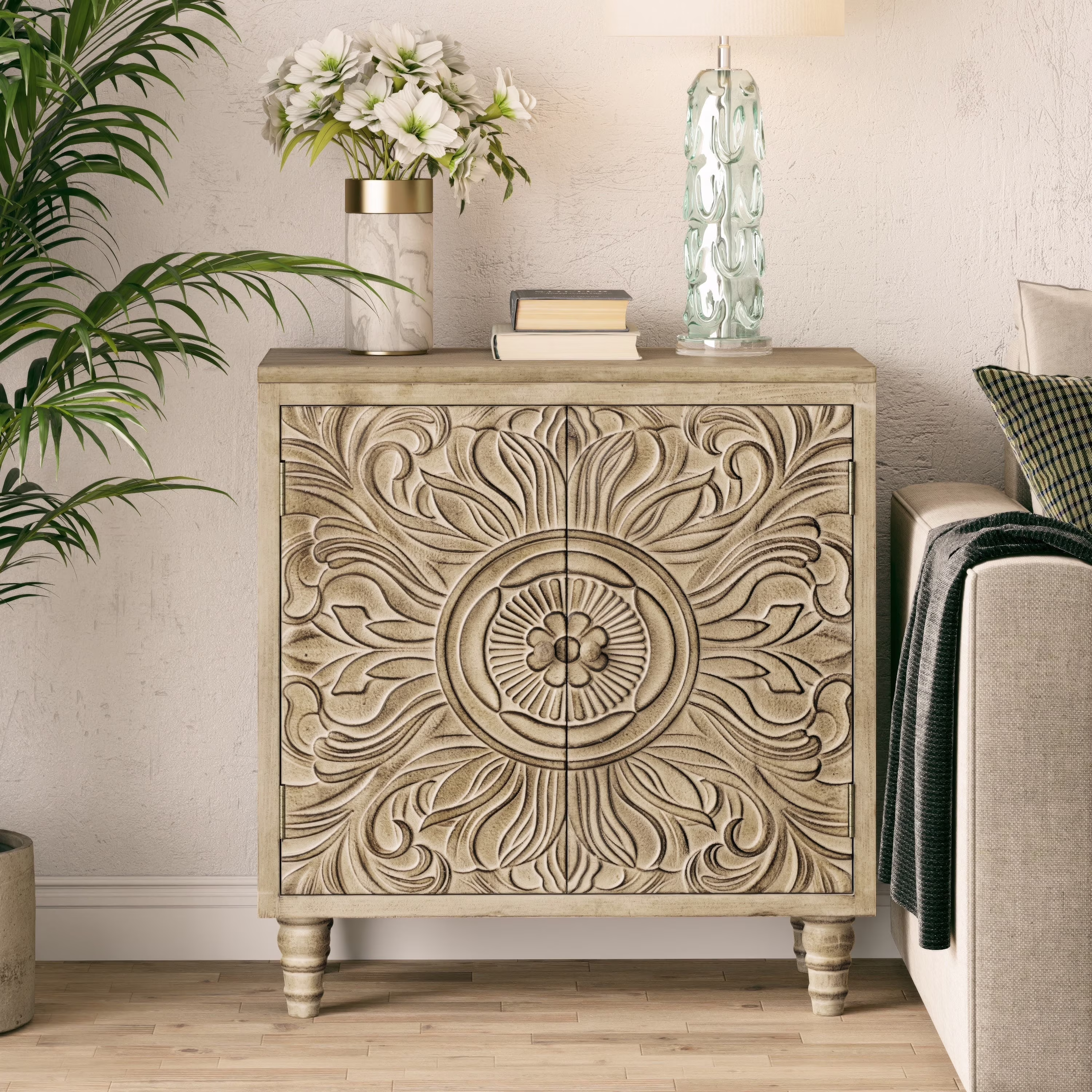 COZAYH Farmhouse 3 Drawer Dresser with Embossed Flower Motif Front, Distressed Boho Nightstand, Almost Fully Assembled, Rustic, French Country, Weathered White