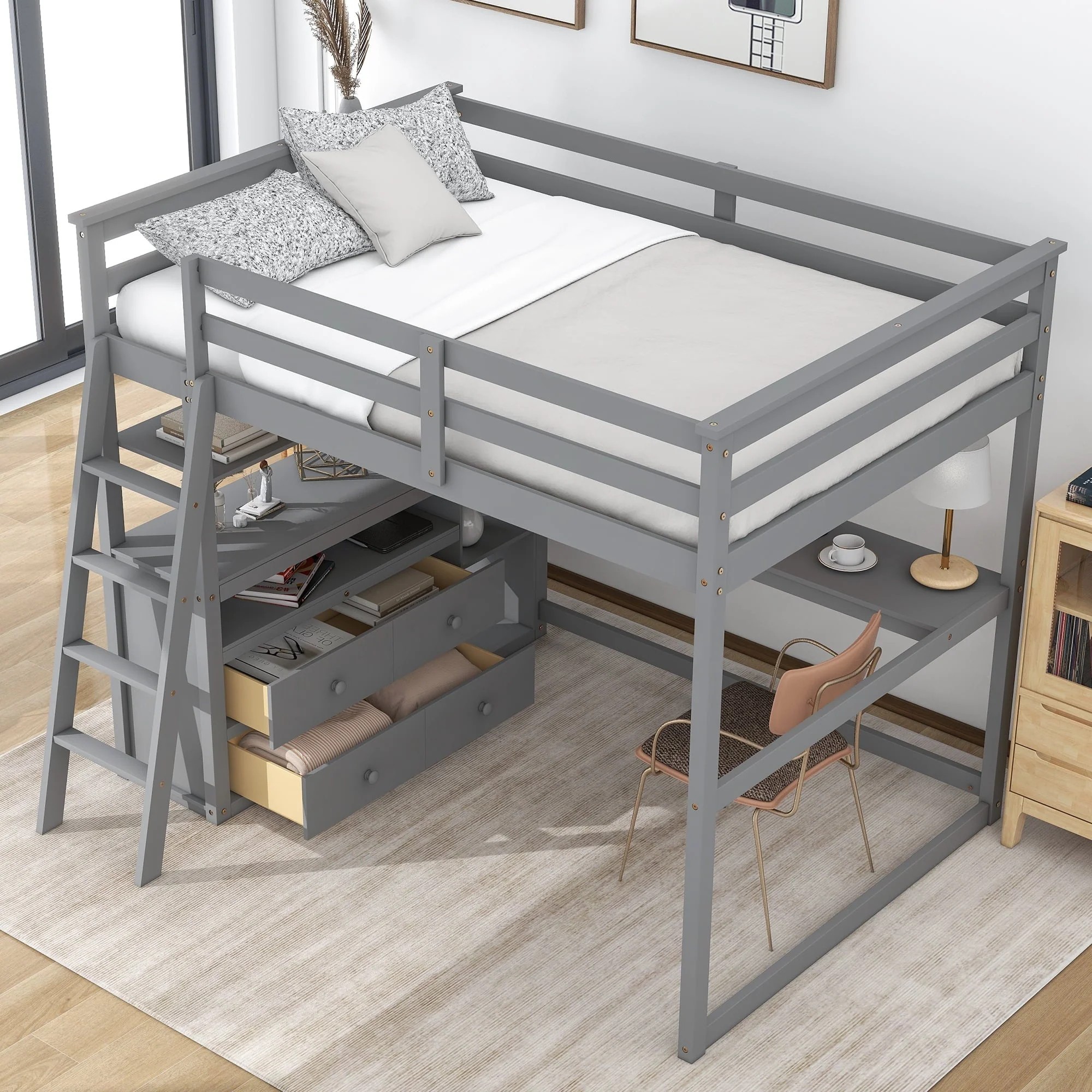 Euroco Full Size Wood Loft Bed with Desk, Shelves and Cabinets for Kids Room, Incline Ladder and 3 Drawers, Gray