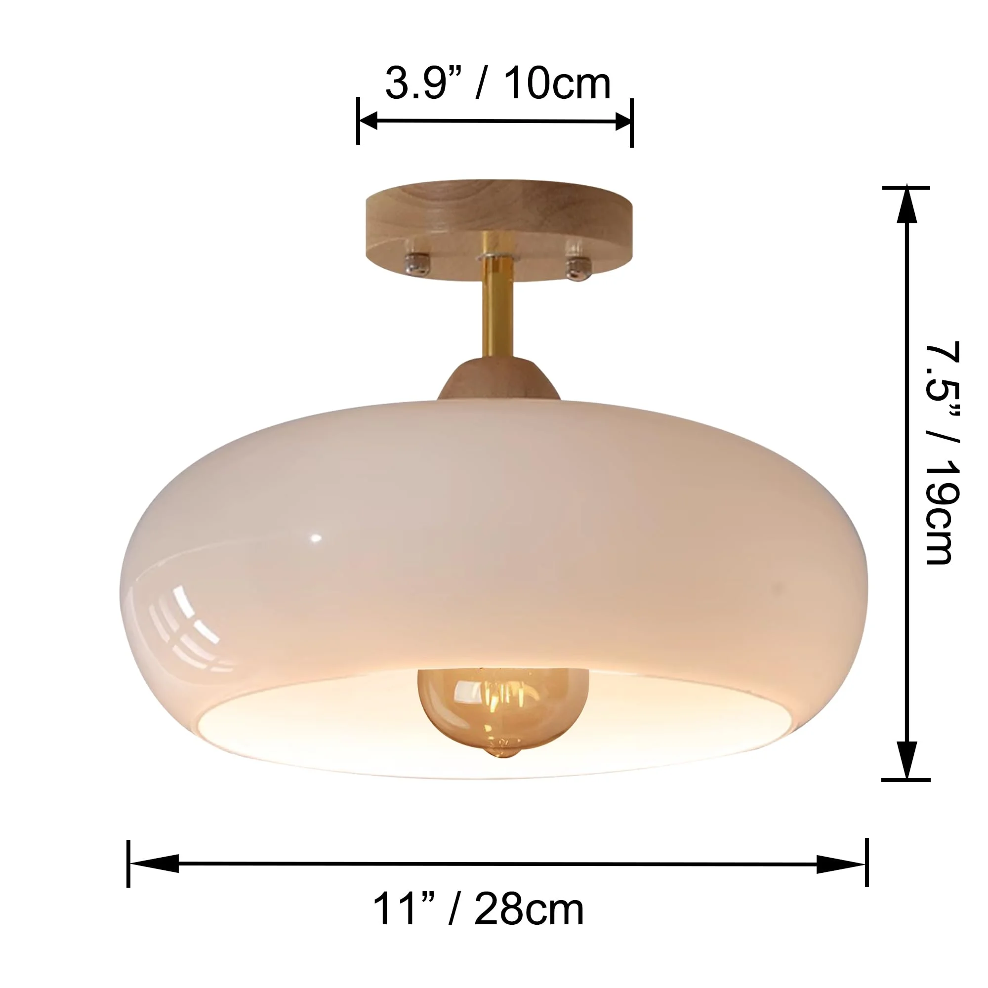 FSLiving White Smooth Glass Hanging Light with 15ft Plug-in Cord Wood Decorative Plug In Ceiling Light Fixtures,Industrial Semi Flush Mount Dimmable Pendant Light for Bedroom Hallway - 1 Pack