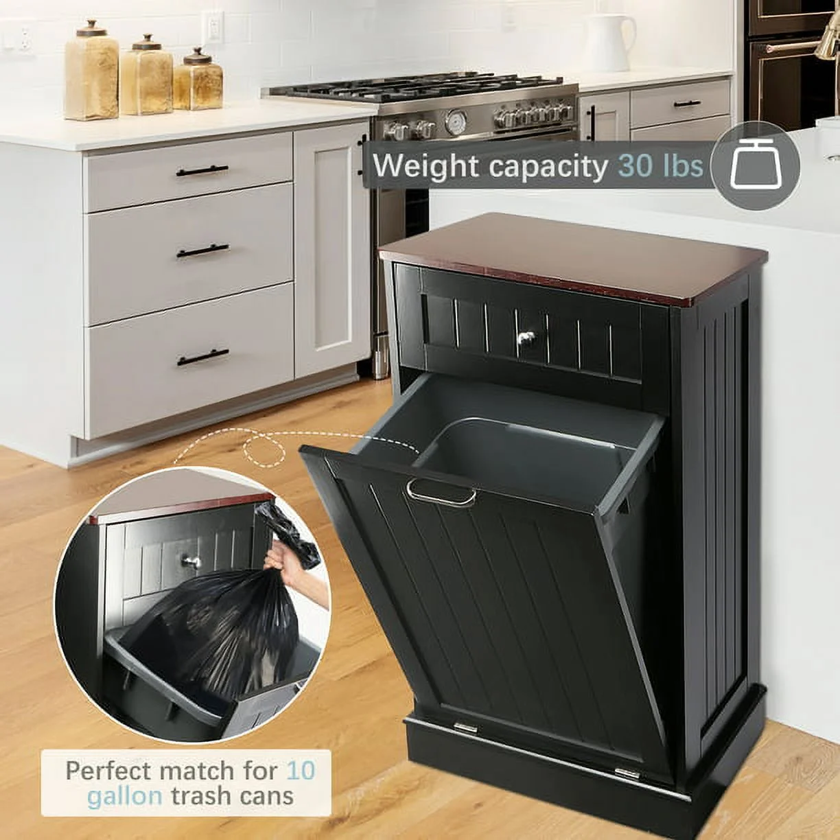 Tolead Wood Single Tilt Out Trash Cabinet with Hideaway Drawer, Coffee, Microwave, Kitchen,Black