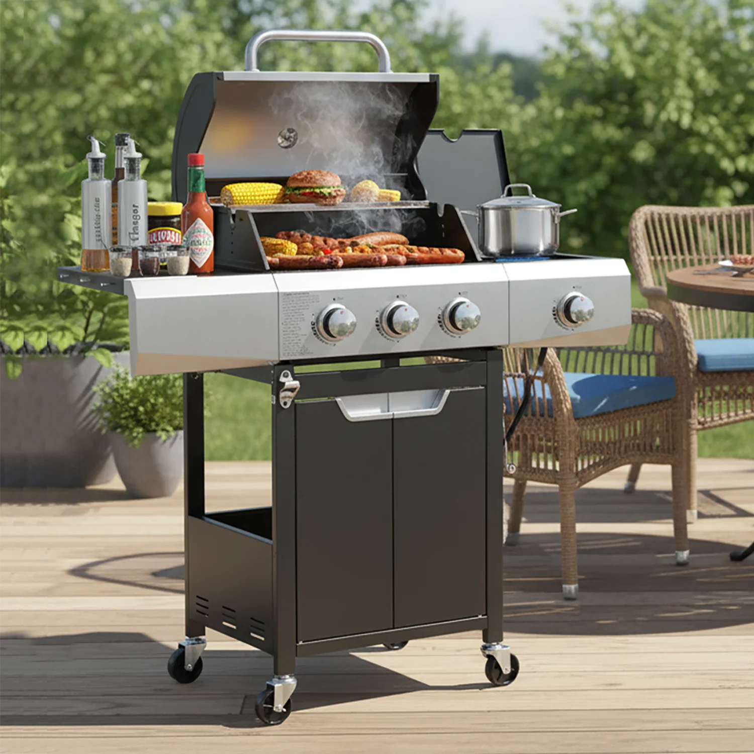 Seizeen 40,500 BTU Propane Gas Grill with Side Burner, Stainless Steel  3 Burner  Barbecue Grill Portable on Wheels, with Bottle Opener, for Camping Patio Outdoor Cooking