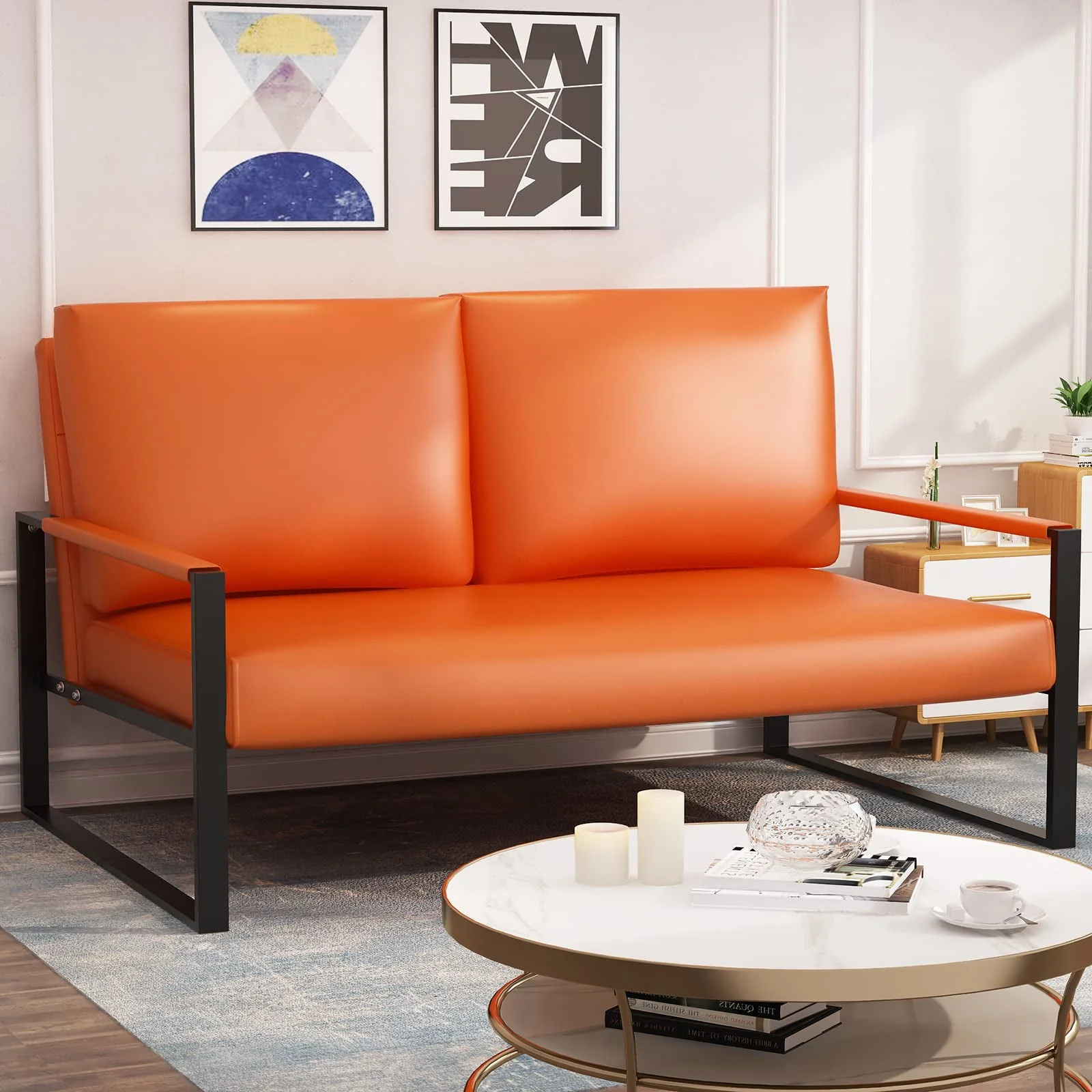 AWQM Mid-Century Loveseat Sofa, Faux Leather Loveseat 2-Seat Sofa Couch Metal Accent Chair with Extra-Thick Padded Seat & Backrest Love Seat for Living Room, Small Spaces, Orange