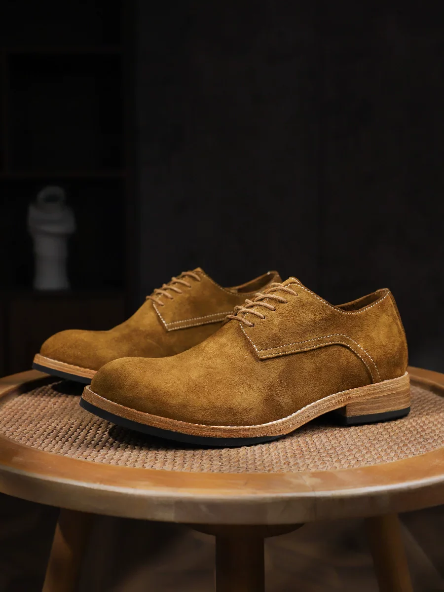 Men's handmade fur British style low-top leather shoes