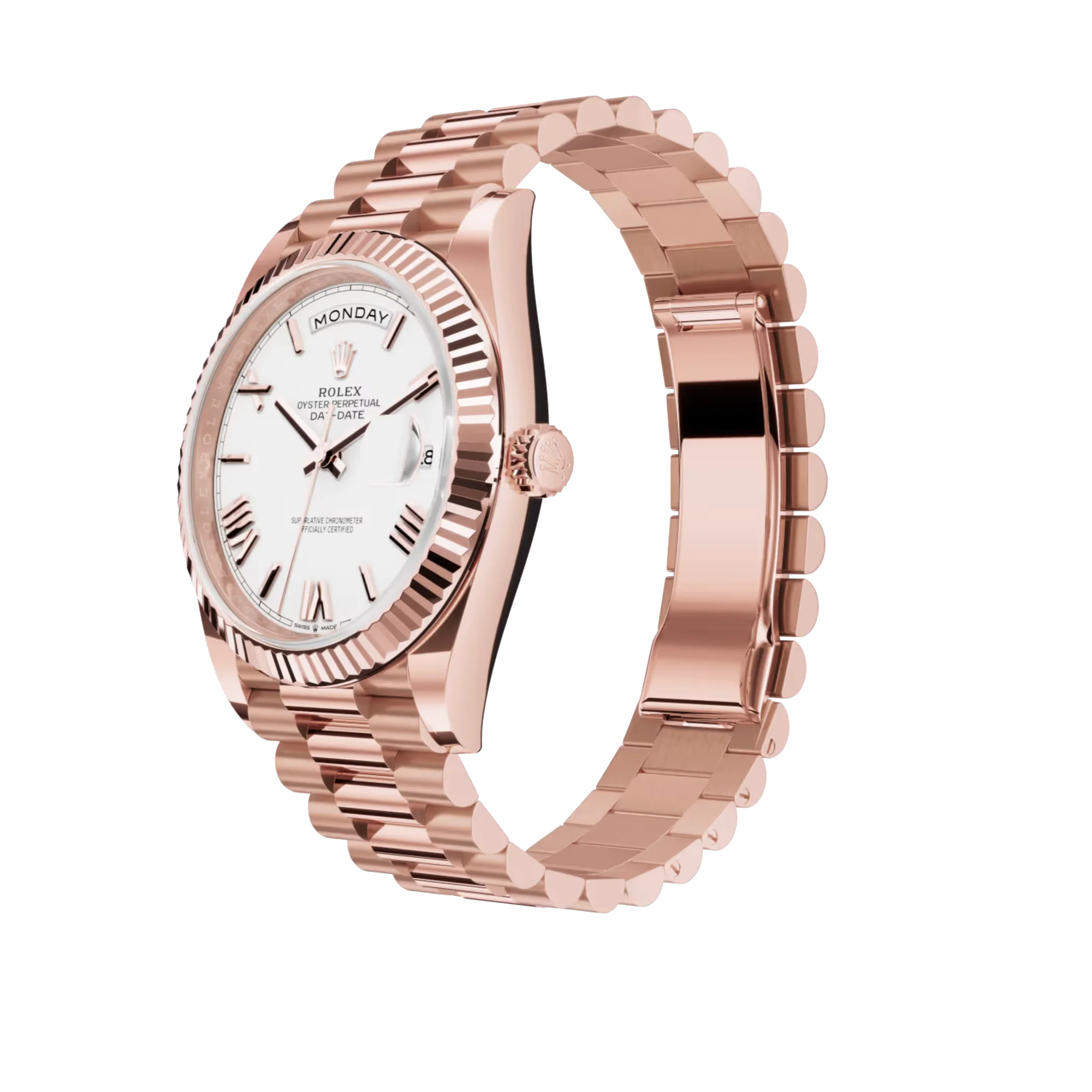 Rolex Day-Date: Everose gold, white dial, fluted bezel, President bracelet, m228235-0032