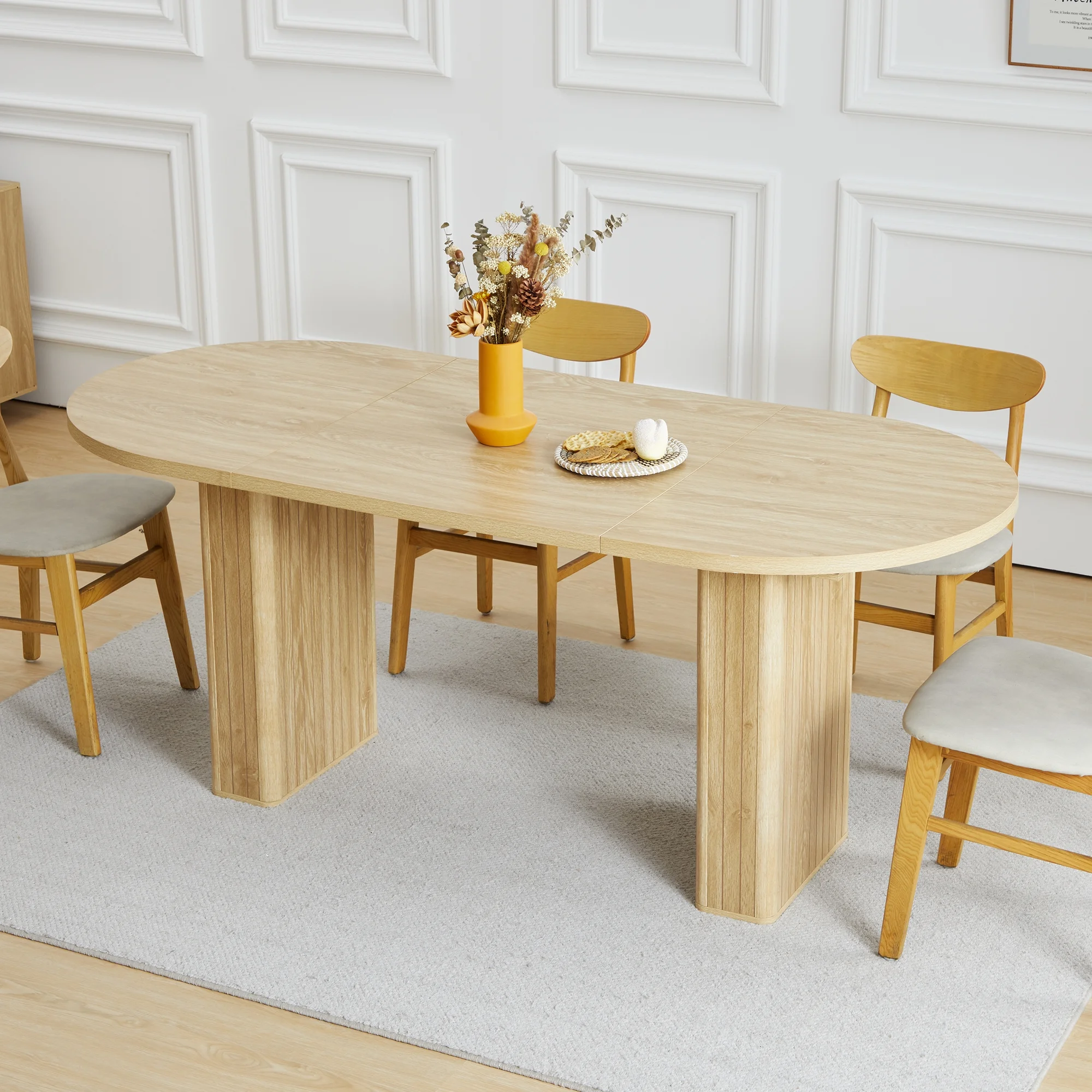 70.8 Inch Dining Table for 4-6 People, Oval Kitchen Table with Wood Strip Base, Modern Farmhouse Large Round Dining Room Tables for Kitchen Living Room (Natural)
