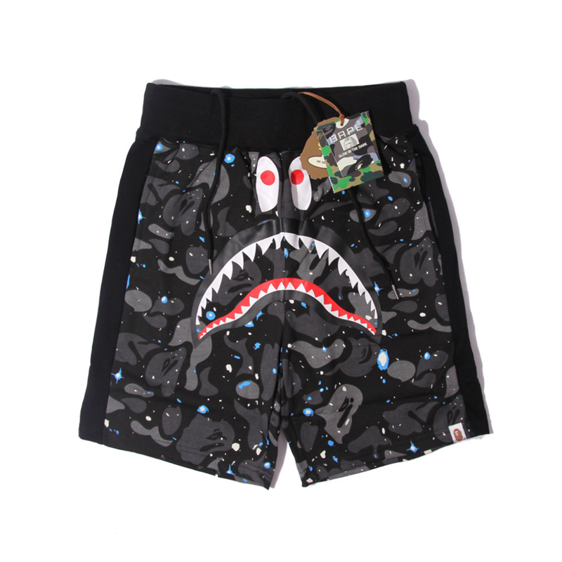 Black and gray shark pattern drawstring elastic shorts