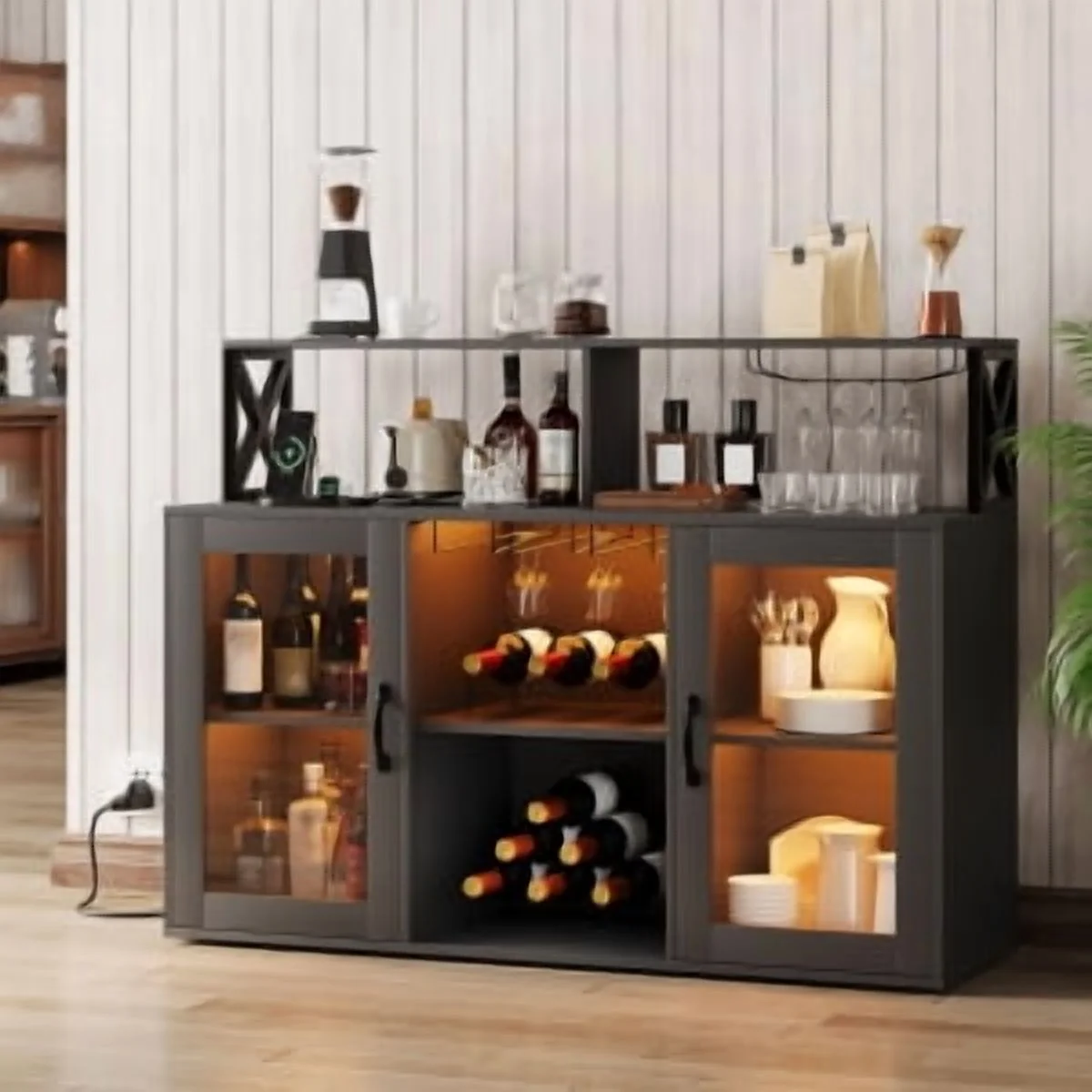 Historyli Wine Cabinet with LED Light,Bar Cabinet with Wine Rack,Glass Holder,and Power Outlets,for Living Room Office,Black