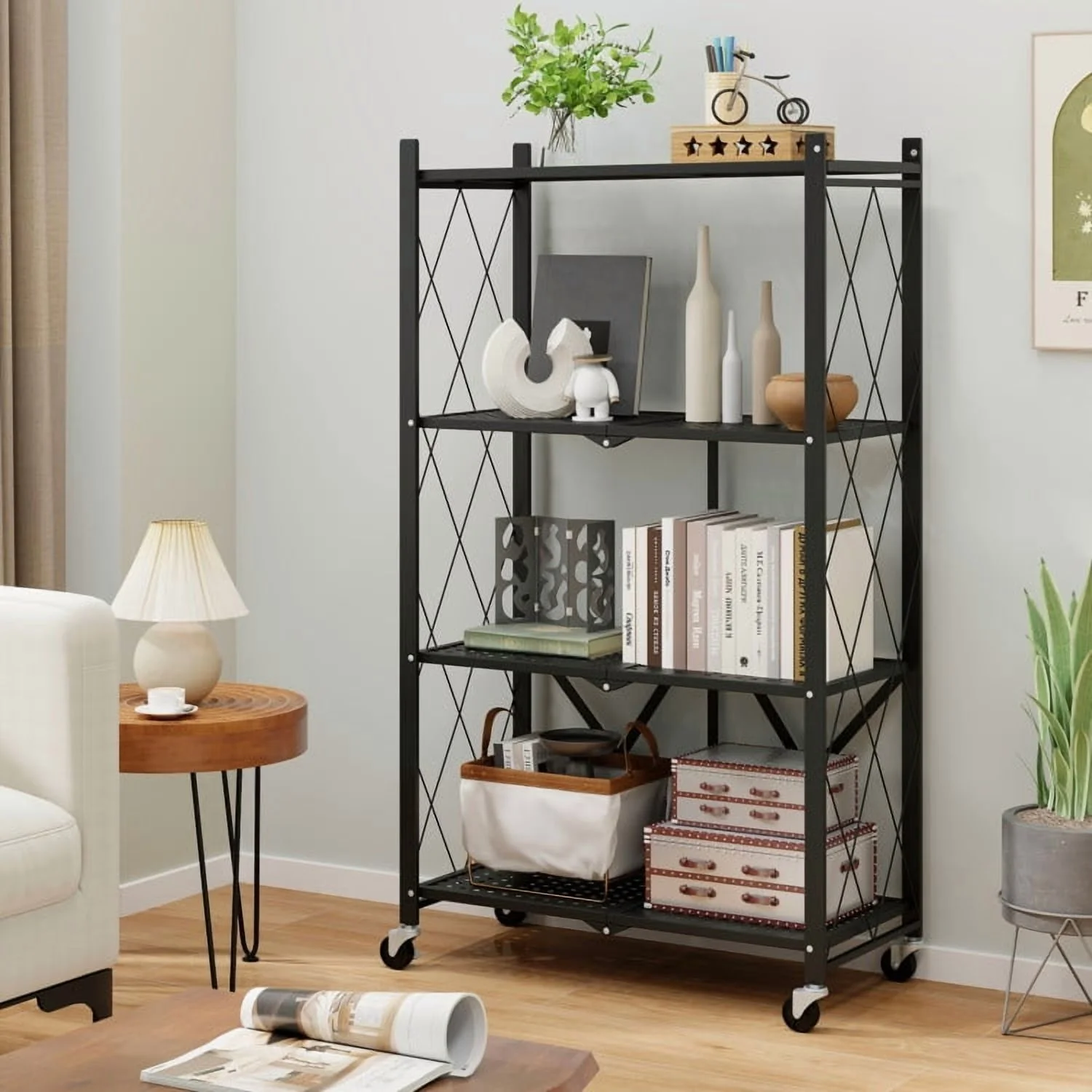 4-Tier Foldable Storage Shelf Collapsible Storage Rack with Lockable Wheels