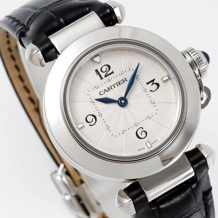 Cartier Watch pasha 30mm quartz stainless steel white dial black leather